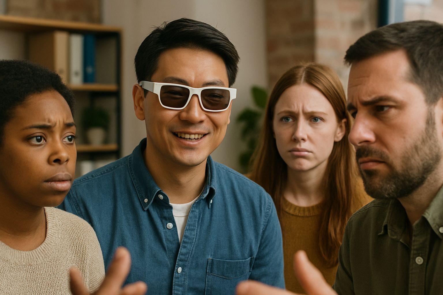 Office workers expressing caution around smart glasses signaling Wearable Privacy Breach concerns.