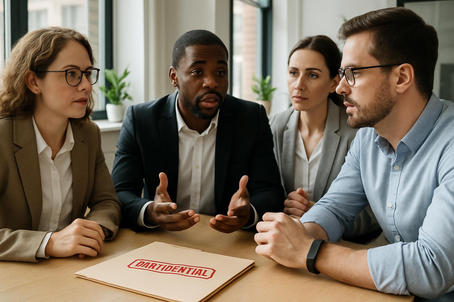 Office scene depicting Privacy Breach risk from AI wearables during confidential meetings.