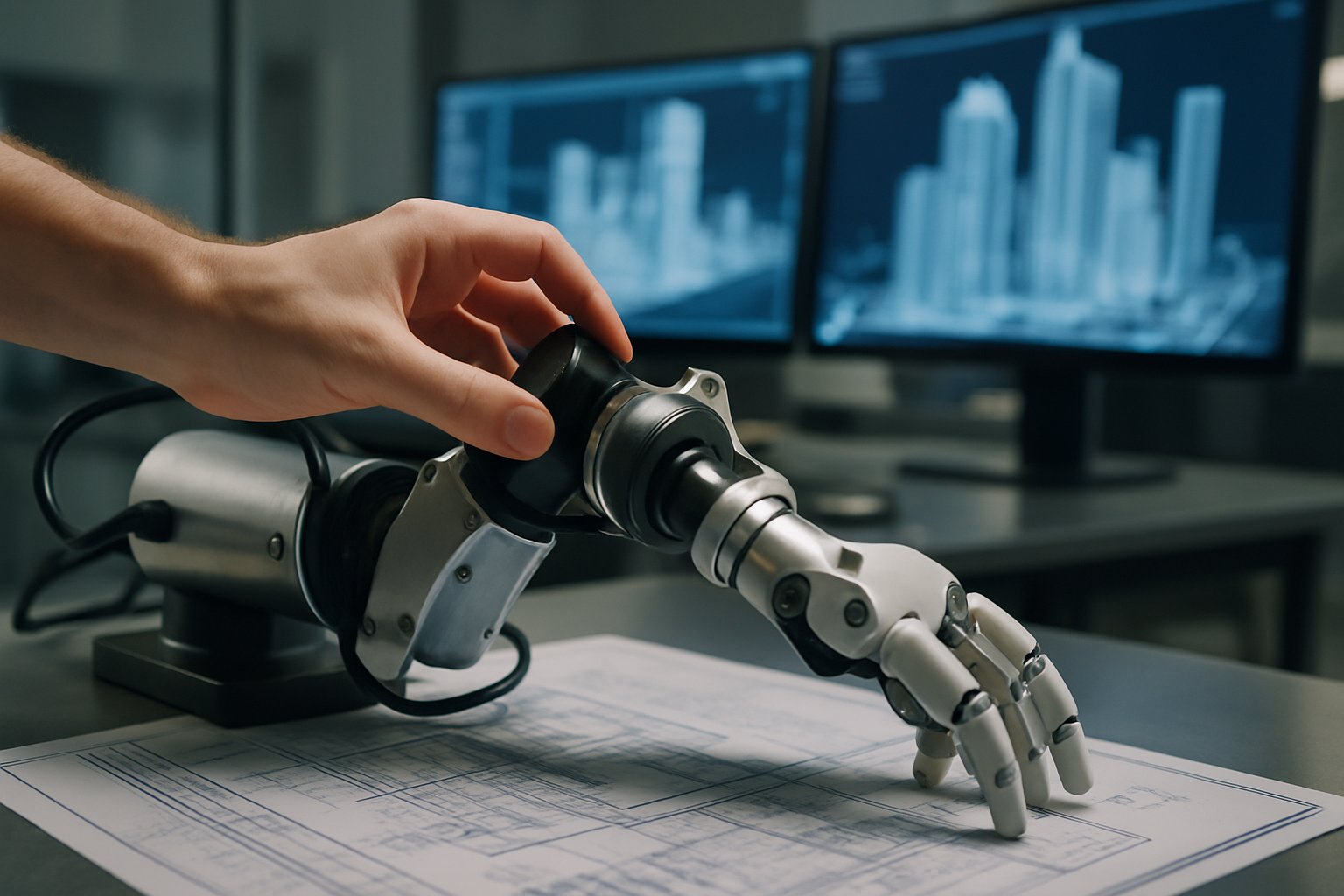 Technician works on robotic arm using World Model Architecture concepts.