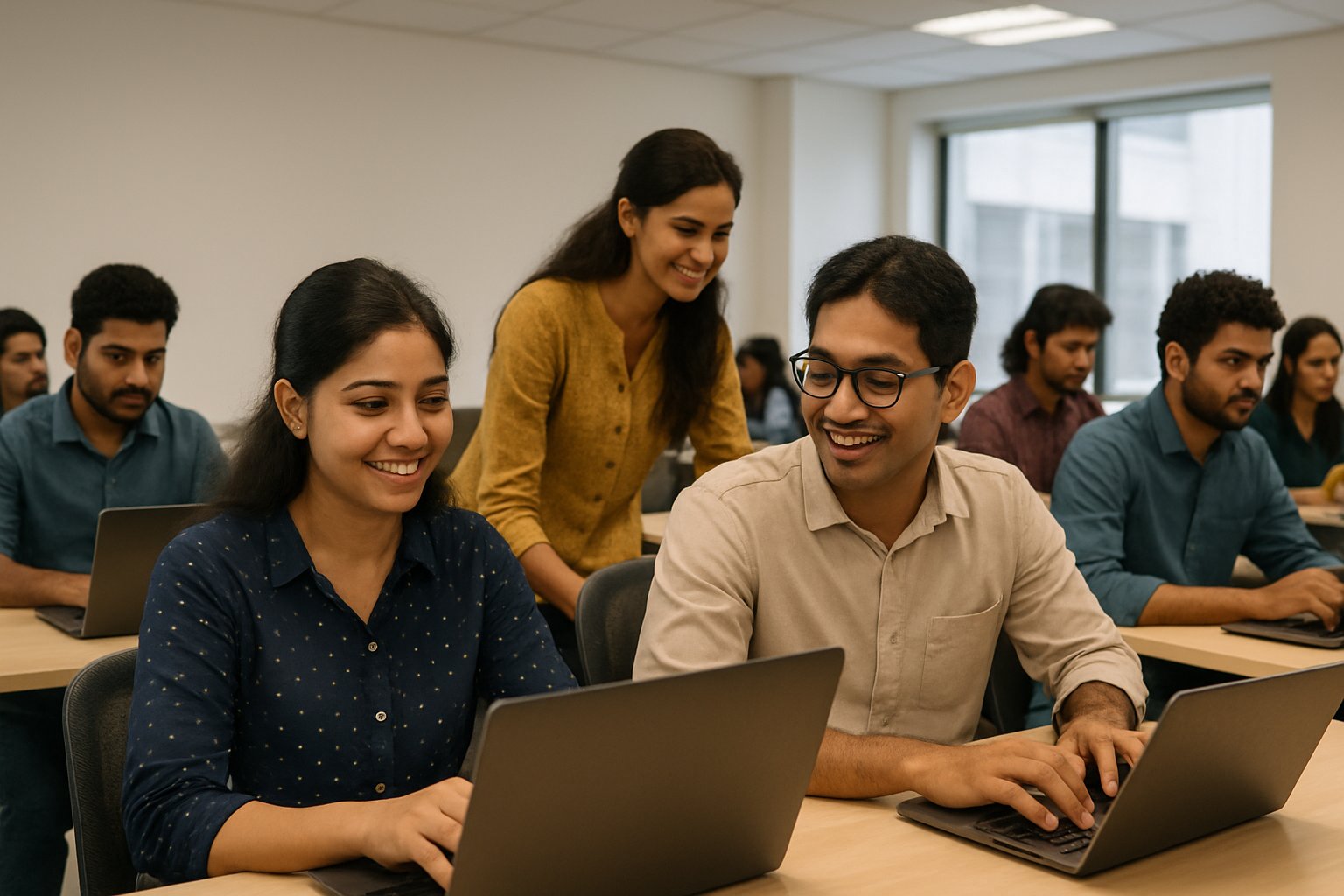 Young professionals collaborate in a Visakhapatnam training center, highlighting the Talent Hub.