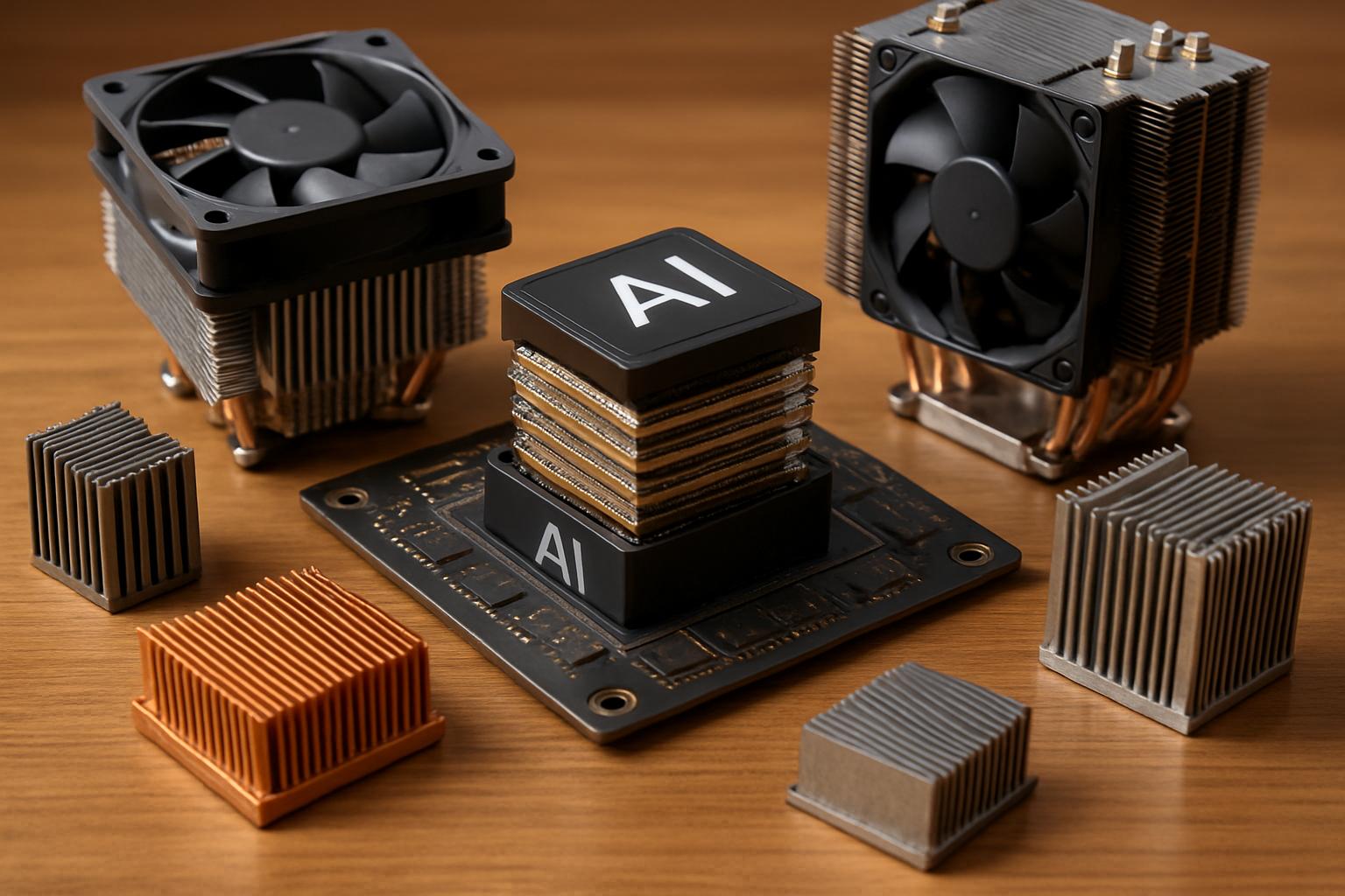 AI Hardware Engineering 3D stacking chips with thermal cooling solutions on a workbench.