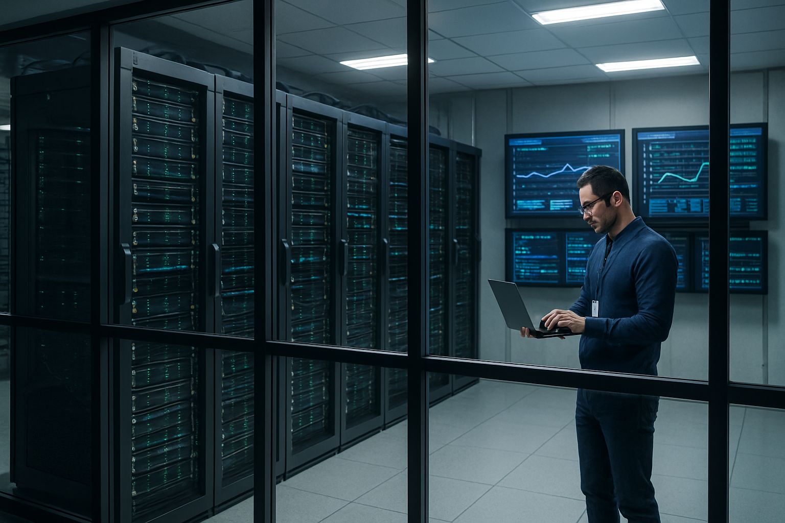 Server room technician oversees LLMOps Active Feedback status screens for self-healing pipelines.