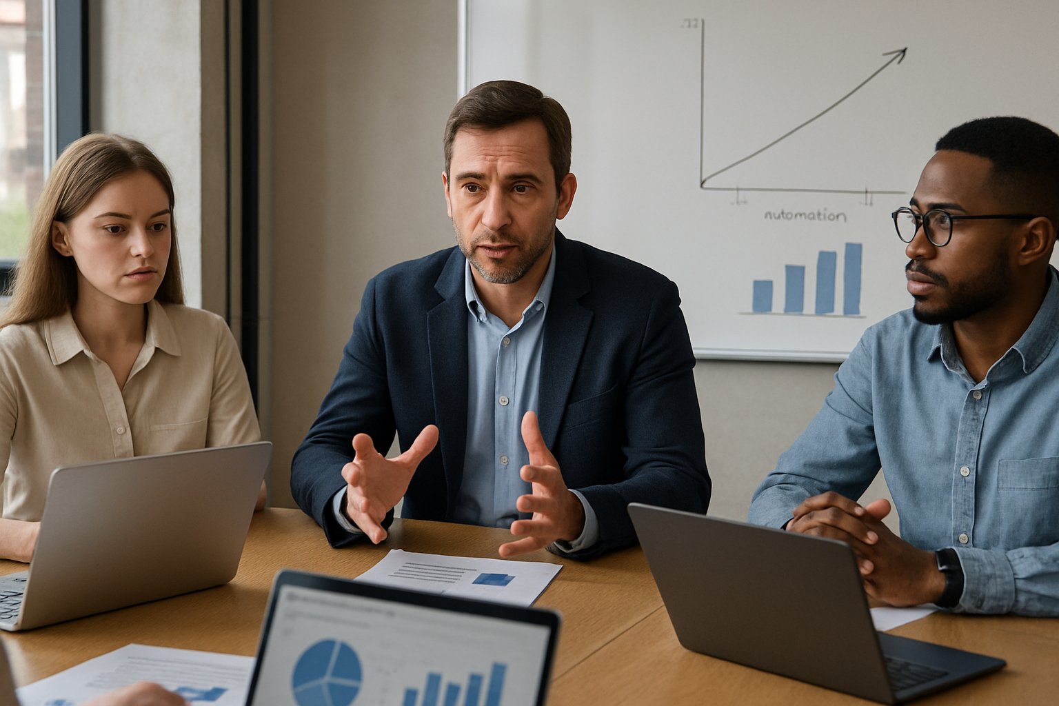 Tech Workforce Reduction being discussed by managers in an office meeting.