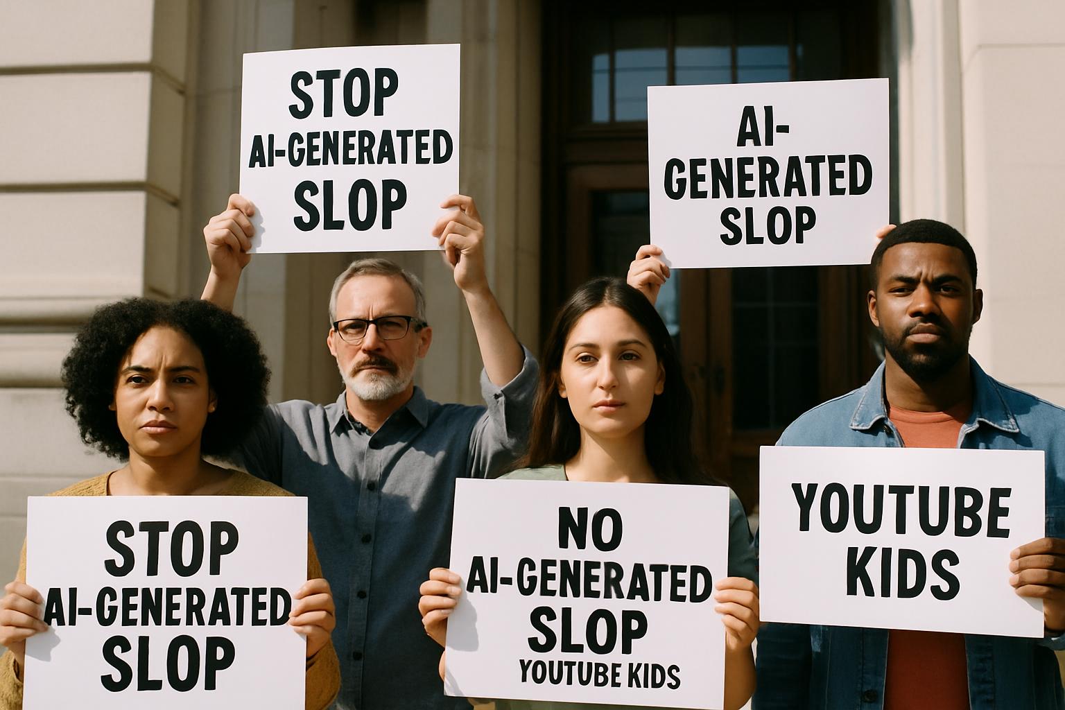 Advocacy groups protest YouTube Kids AI slop outside building