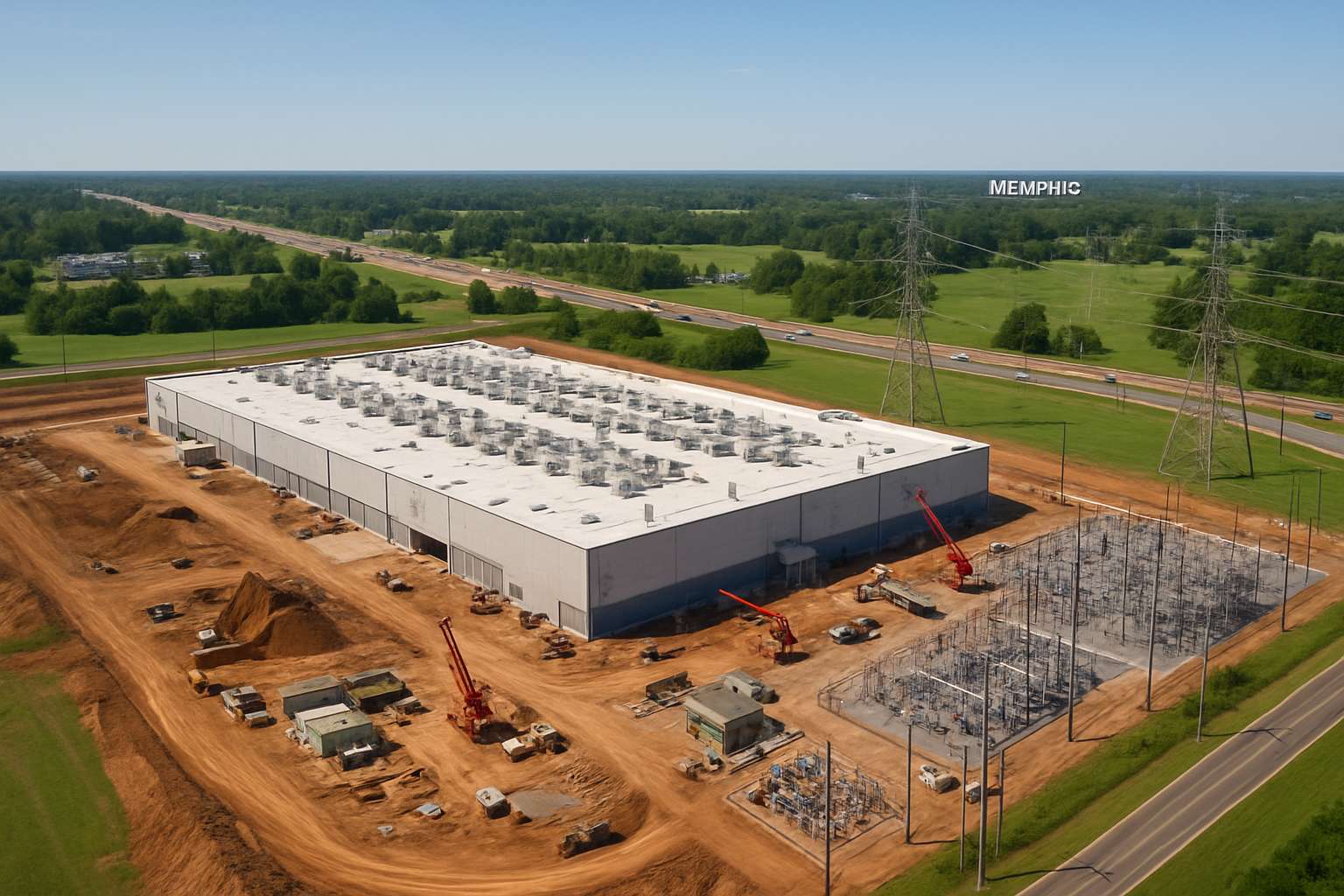 Aerial view of Compute Expansion at a Memphis data hub with surrounding power infrastructure.