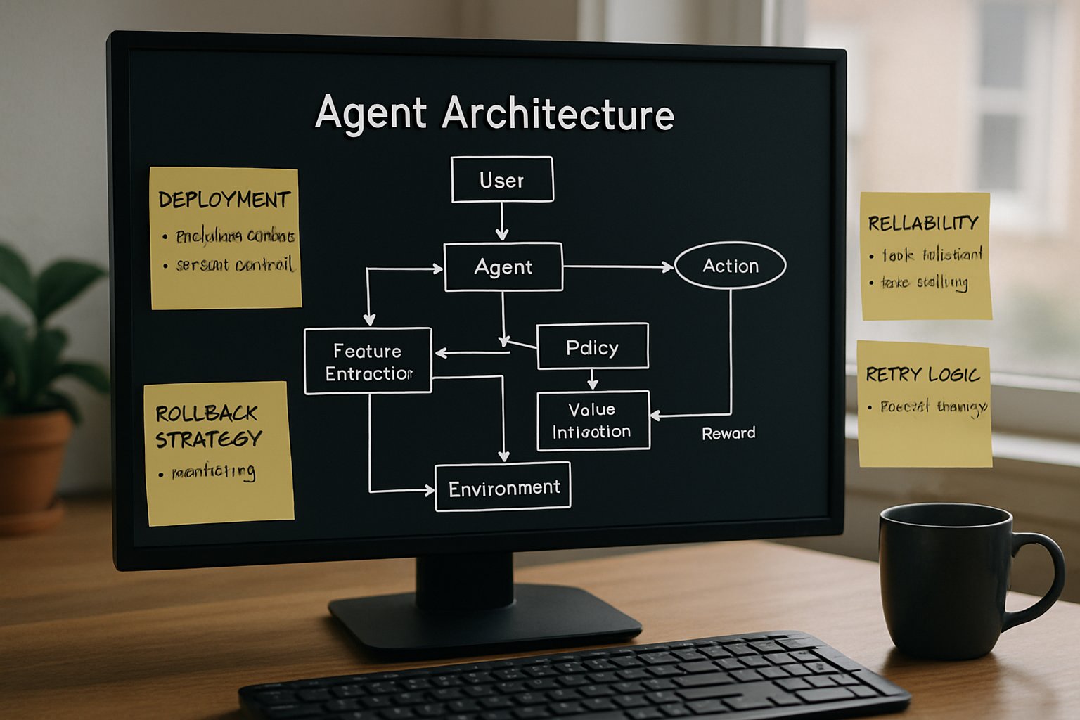 Monitor shows Agent Architecture diagram in a developer workspace.