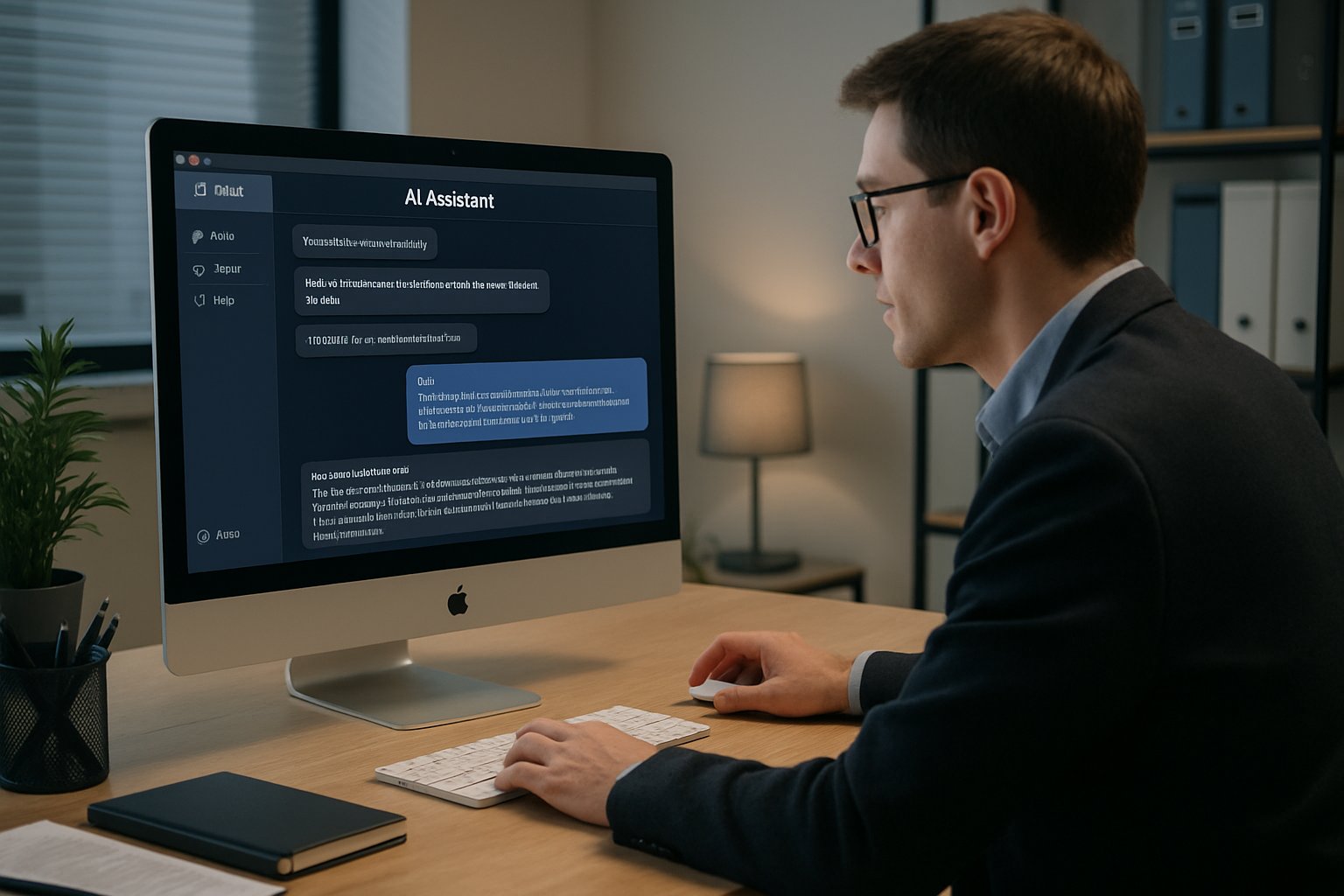 Professional using AI Assistant Desktop app on iMac in office