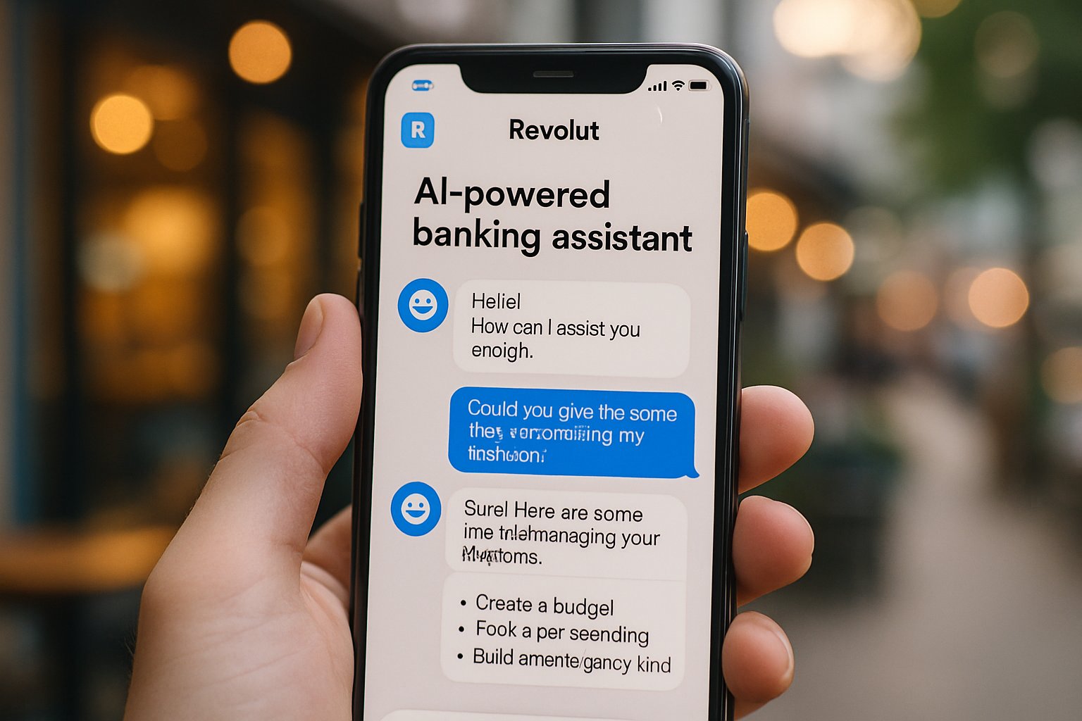 Fintech AI banking assistant on smartphone with Revolut branding