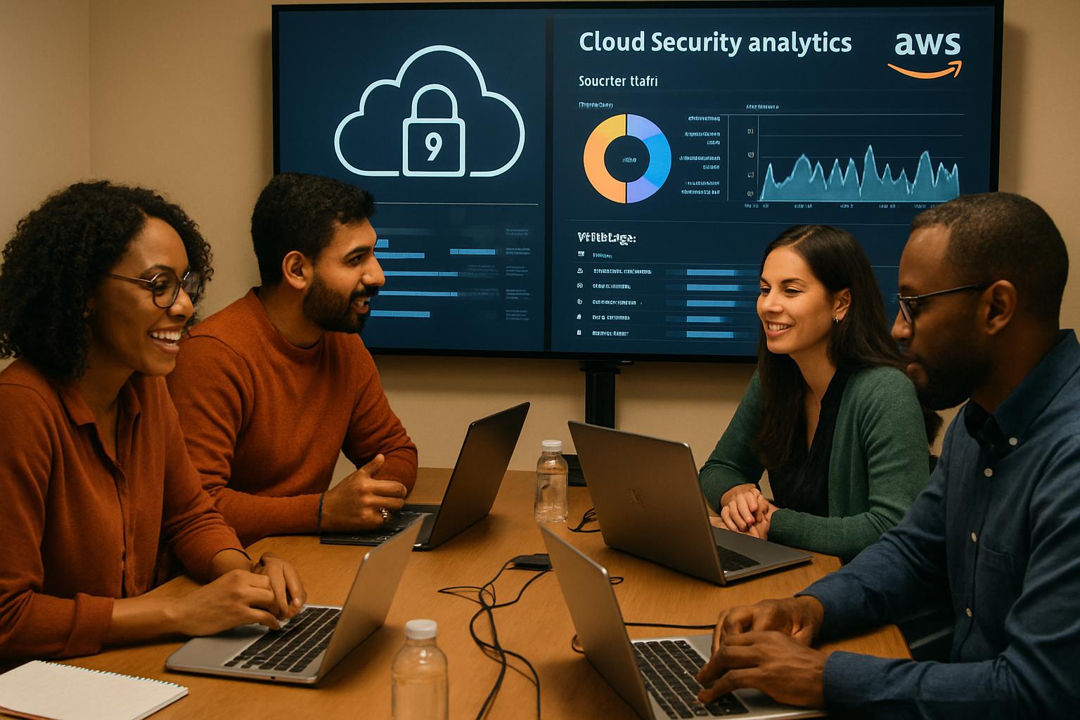 Team reviews AI Cloud Computing governance data on screens using AWS Quick Suite.