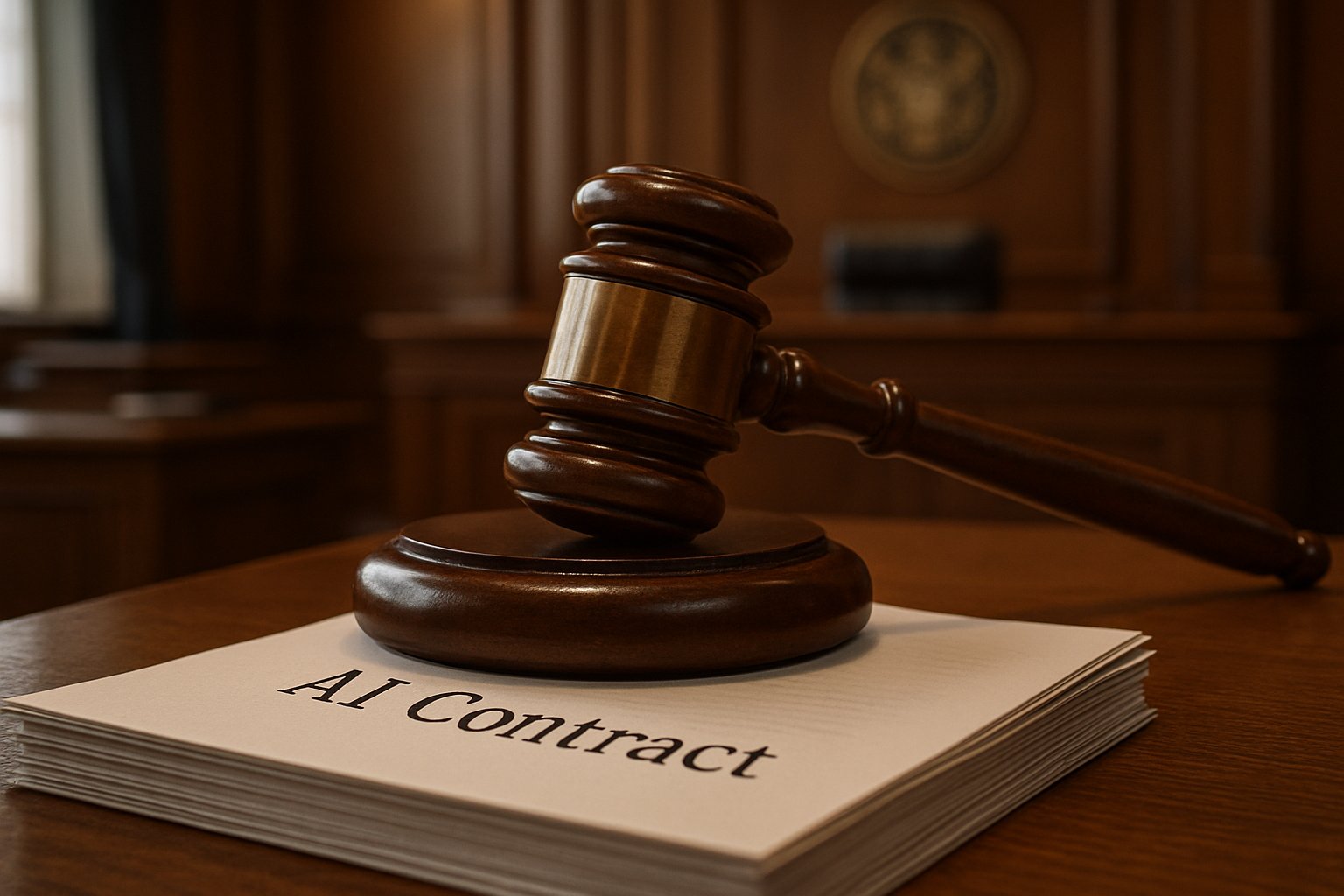 Courtroom scene depicting AI Legal Conflict over an AI contract.