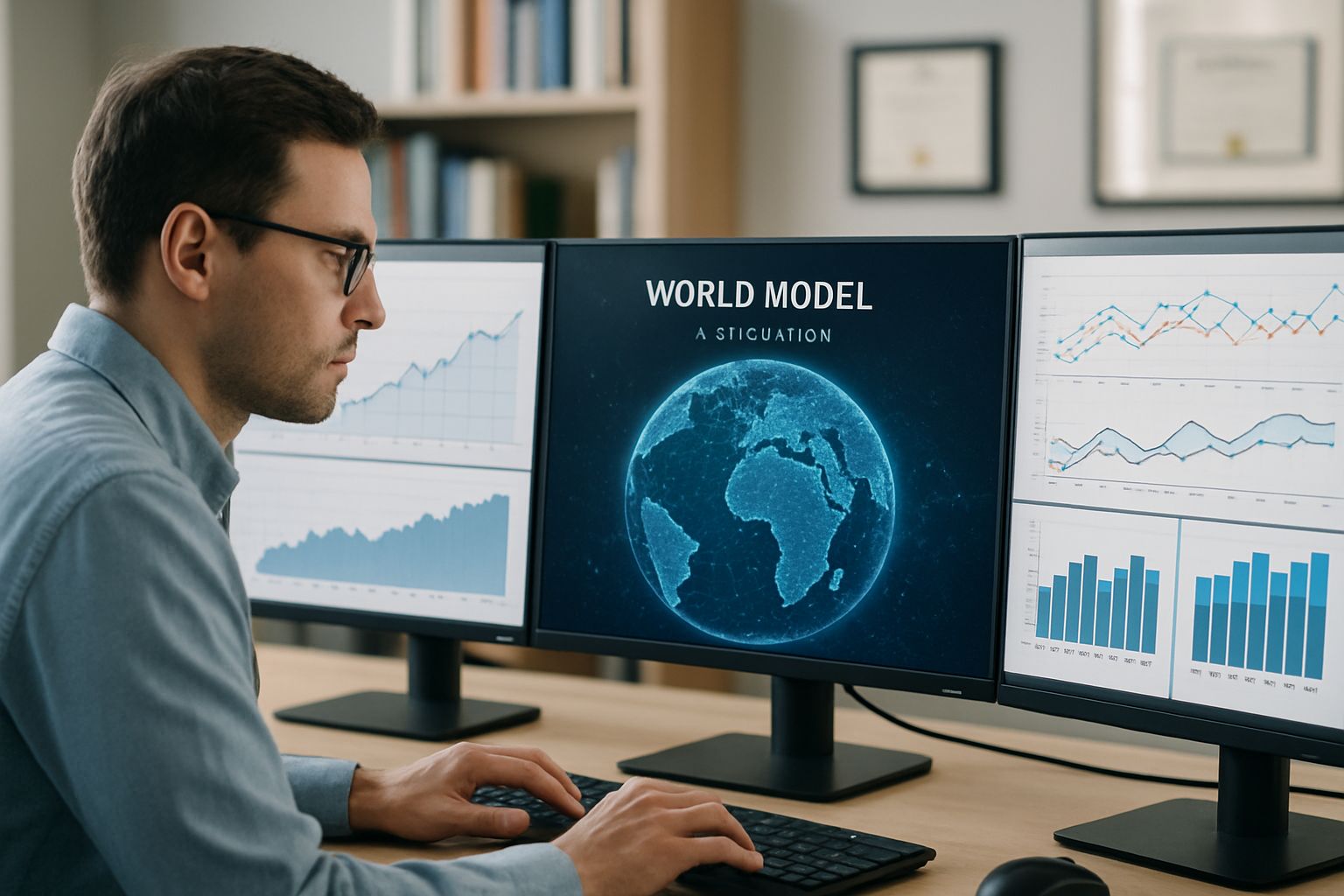 Researcher analyzing world-model AI research data on office monitors.