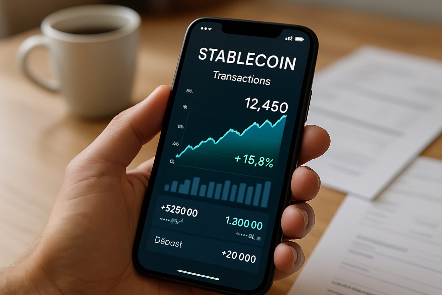 Smartphone with AI Financial Data stablecoin metrics in hand.