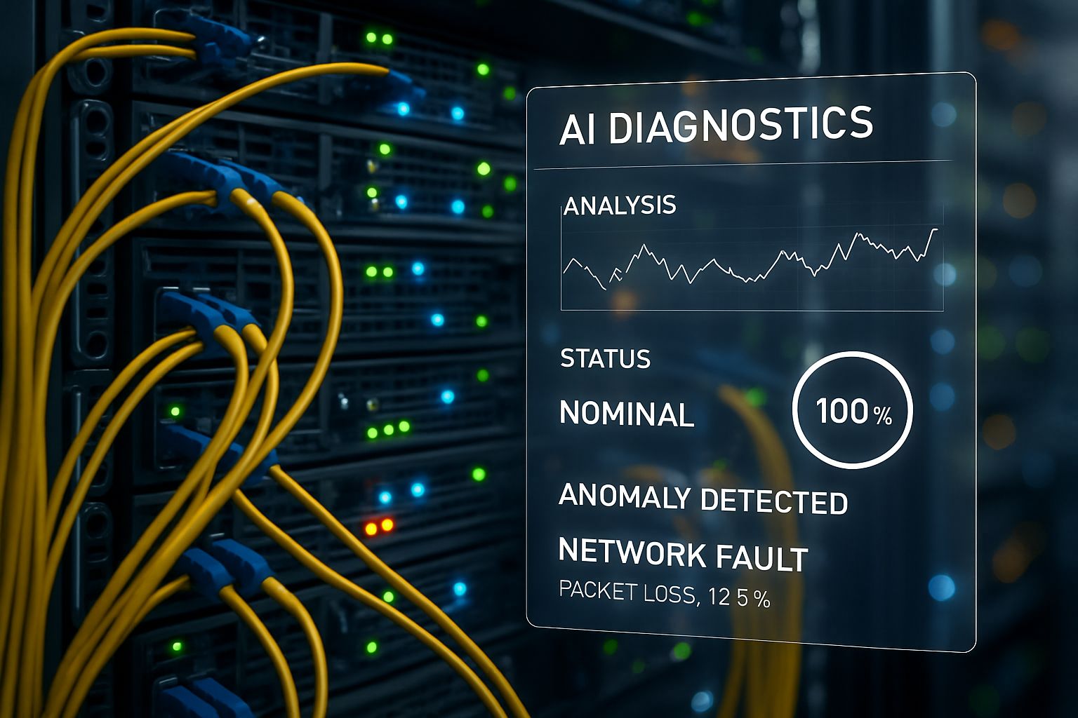 AI Network diagnostics active on a fiber optic server rack in a real data center.