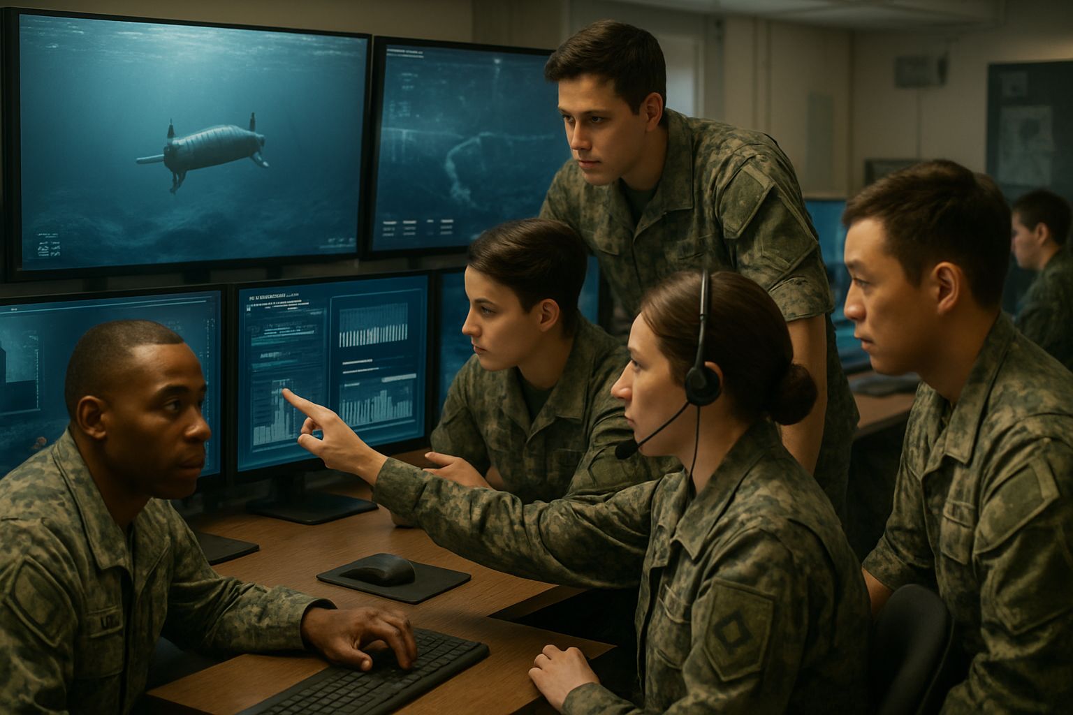 Naval team utilizing AI Defense Technology for underwater surveillance.