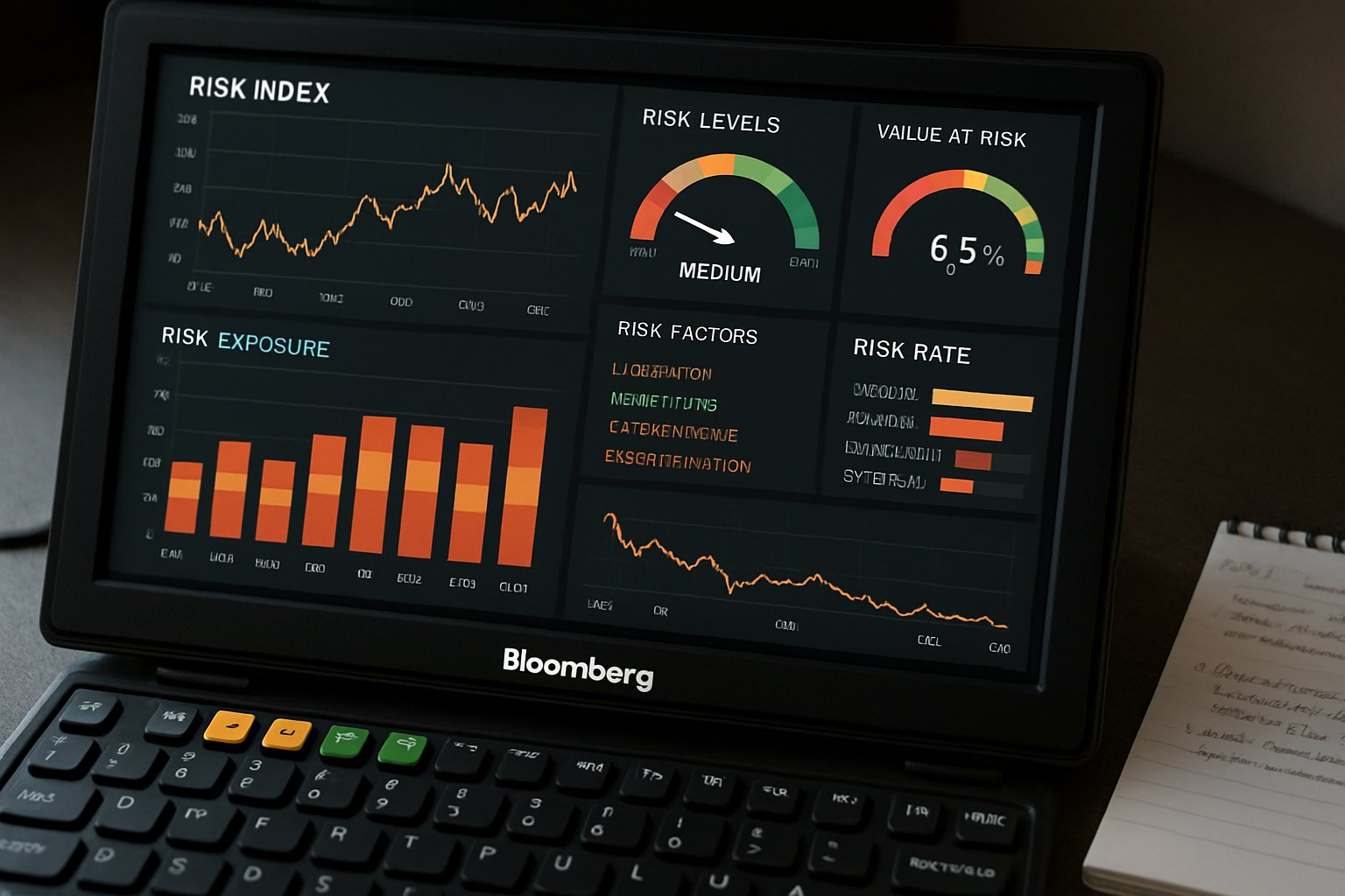 Close-up of Bloomberg Terminal displaying Financial AI Tools for risk assessment.