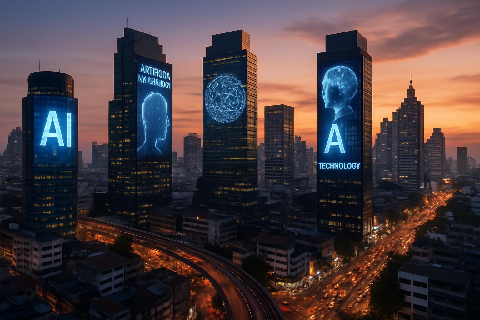 Southeast Asia AI city skyline at dusk with digital technology displays.