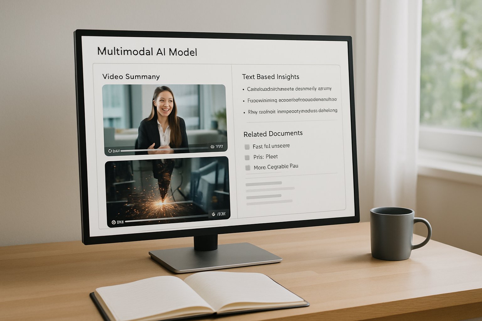 Multimodal AI Models generating video summaries on a computer screen.