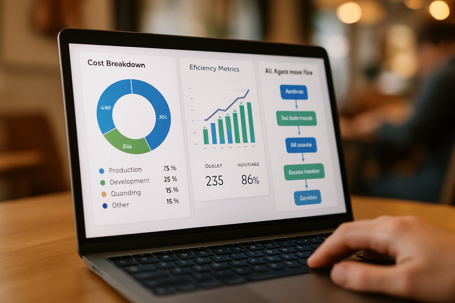 Laptop displays AI economics visualizations showing cost and efficiency data.