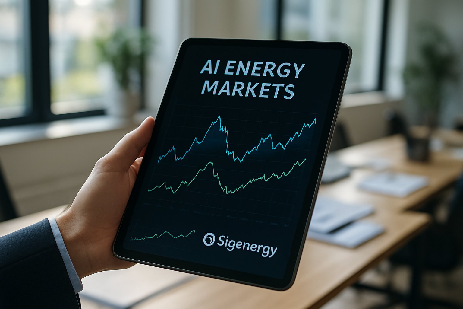 Businessperson analyzing AI Energy Markets data and Sigenergy IPO on a tablet.