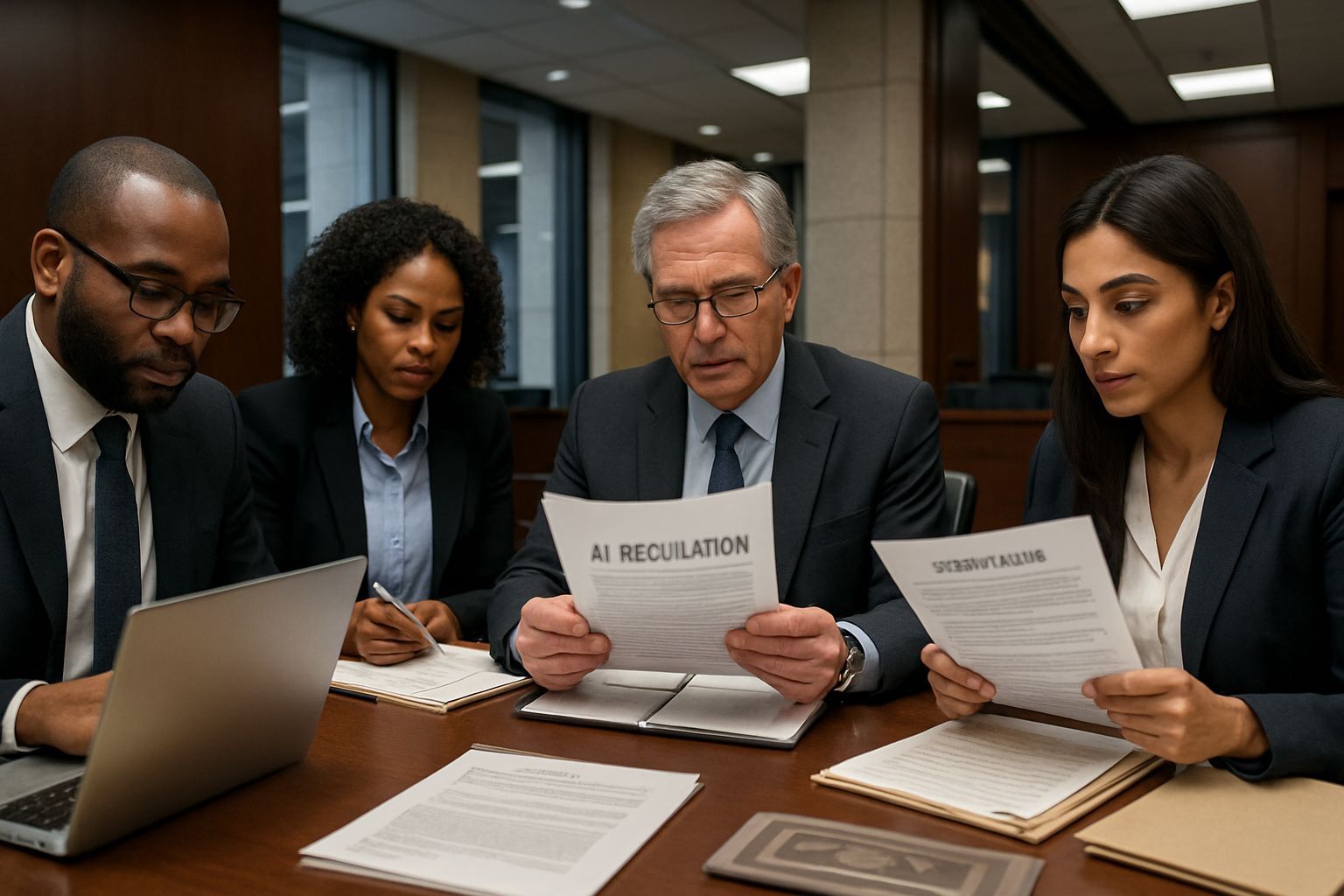 Legal experts discuss Legislative AI Enforcement and AI regulation documents.