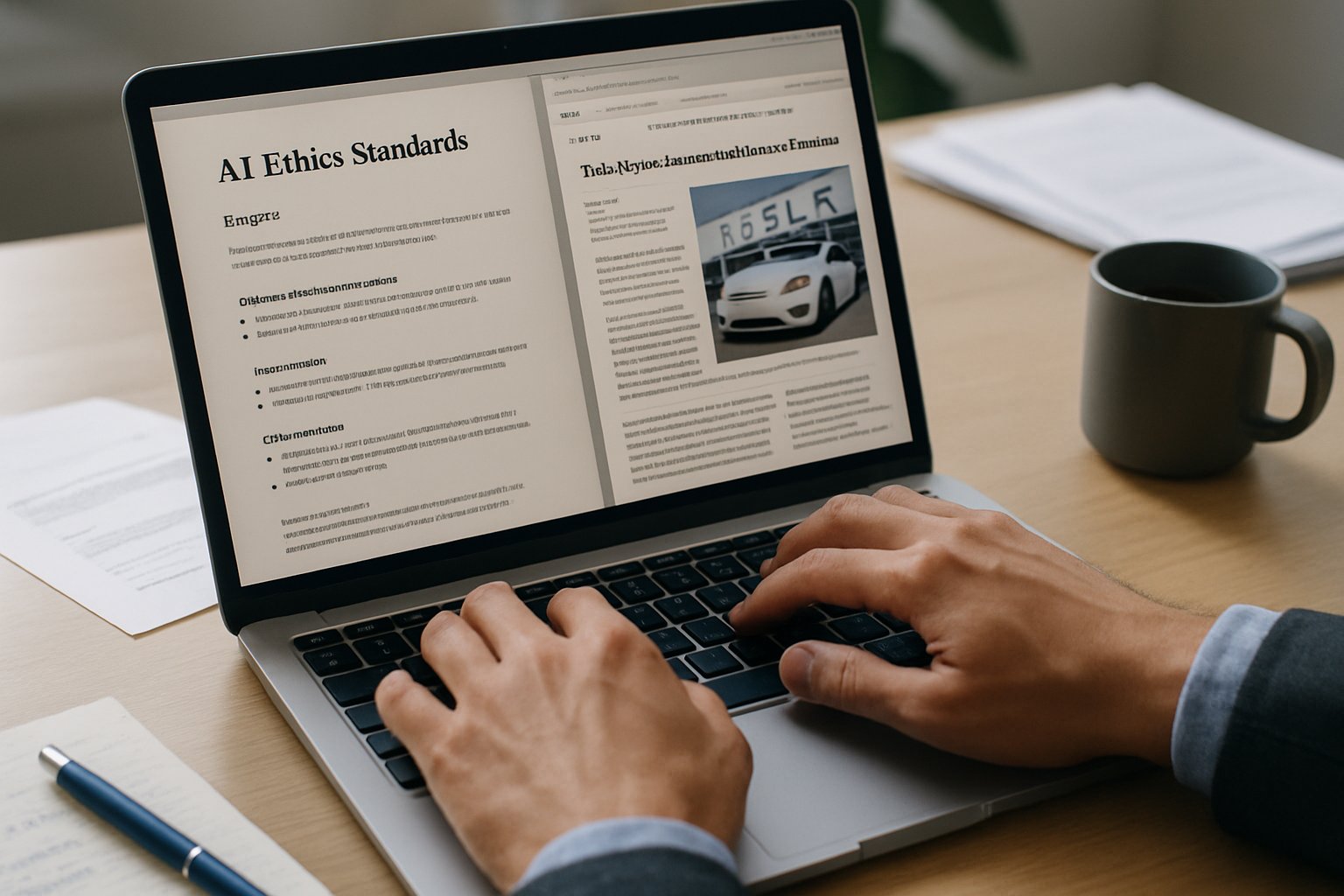 Employee researching AI Ethics with Tesla news on laptop screen.