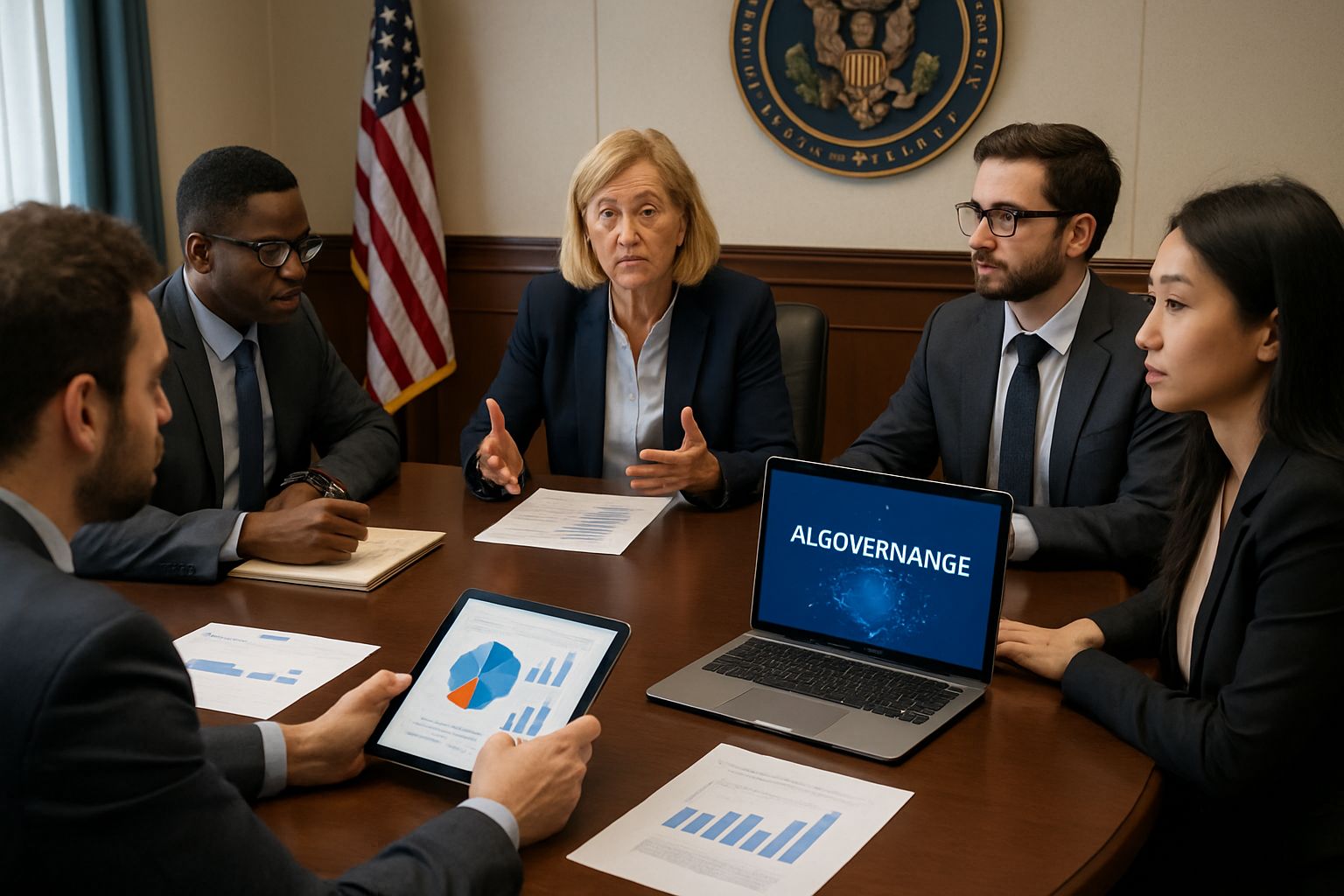 Policy experts discuss AI Governance during a meeting in a government office.
