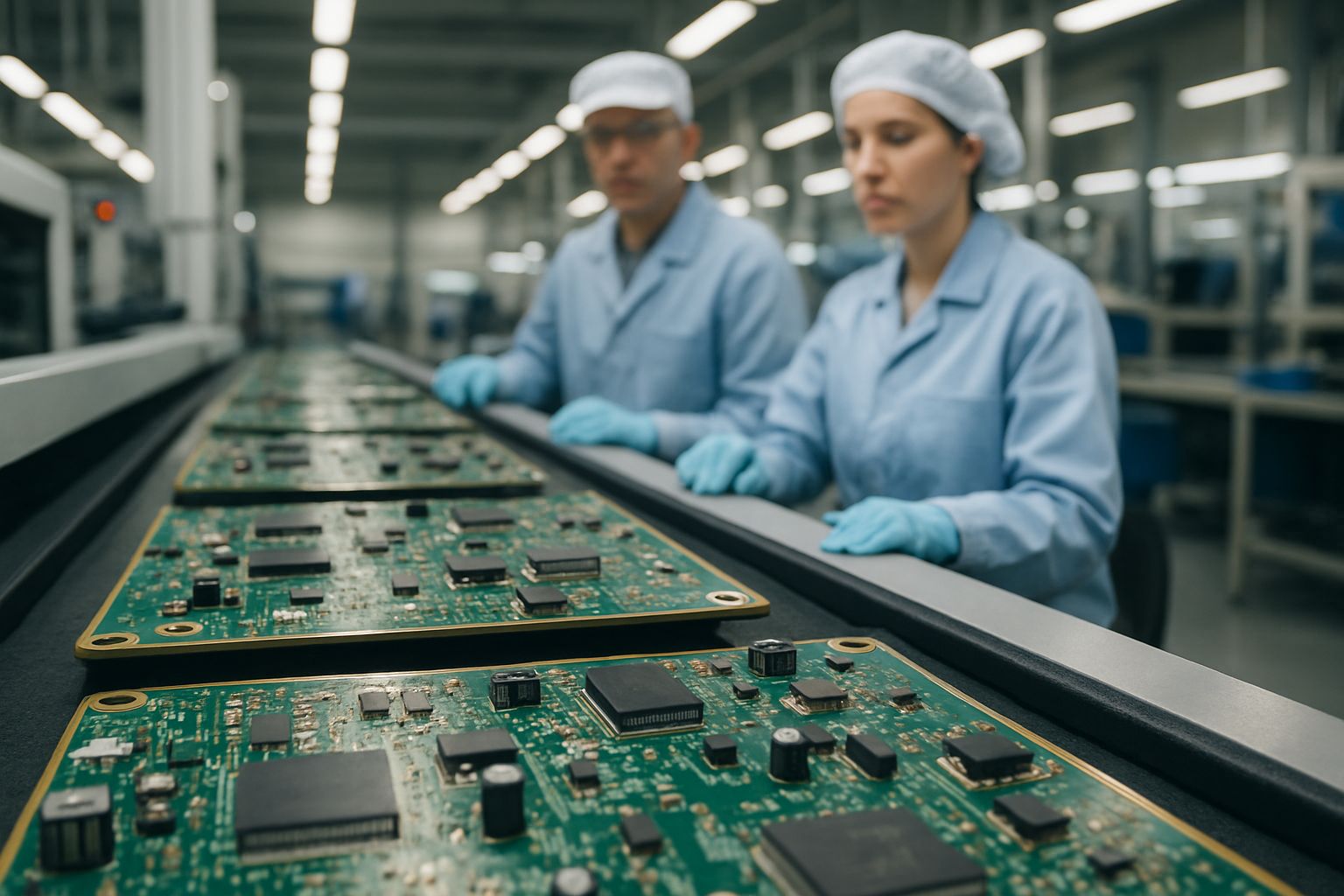 Electronic components for AI Hardware Stocks production on real factory floor.