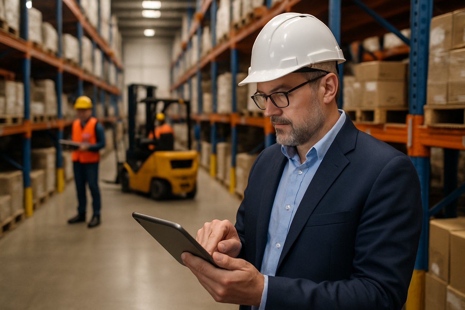 Industrial AI assisting inventory inspections in a realistic warehouse setting.