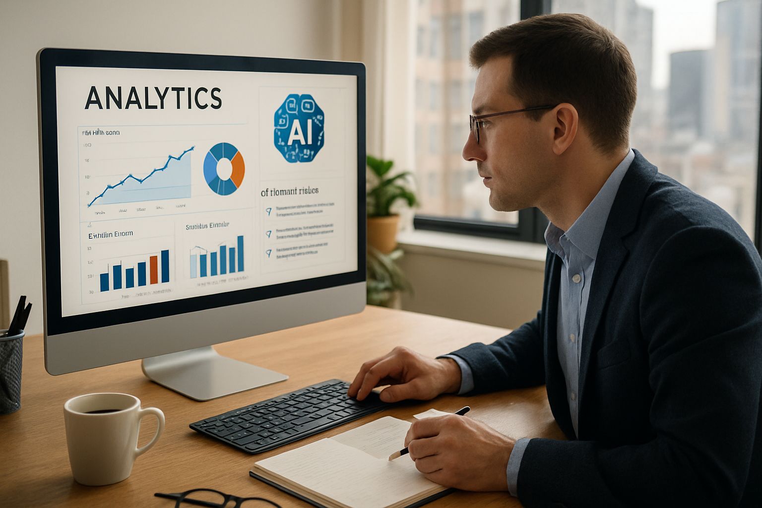 Professional reviewing insights from Business AI Models in workplace.