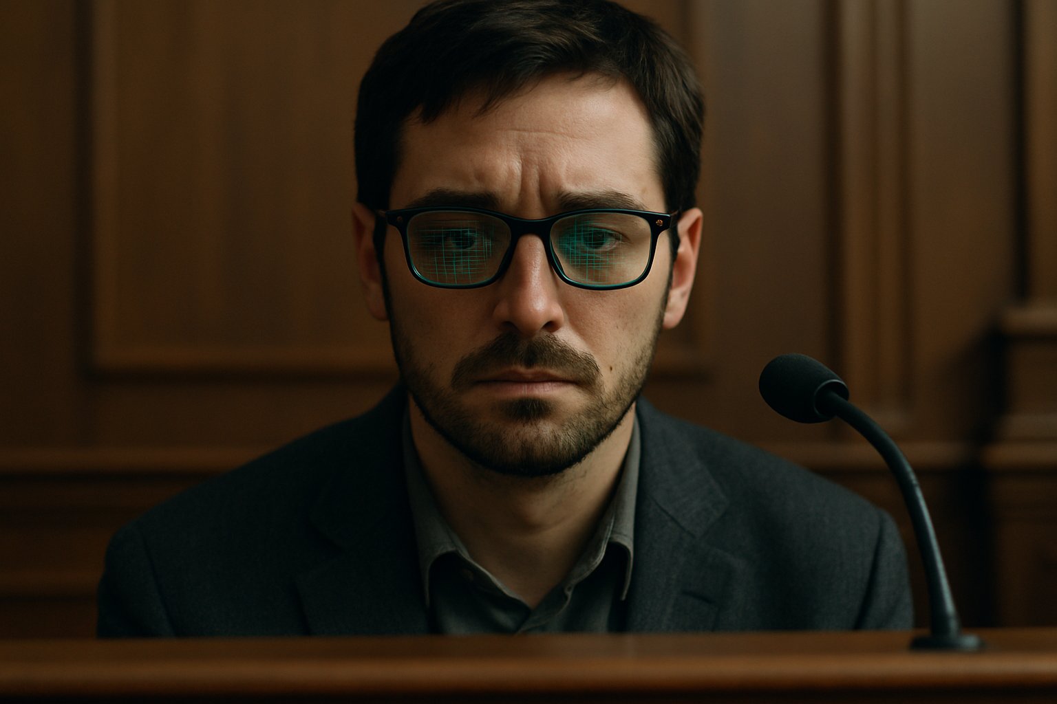 Defendant in AI Criminal Law hearing with digital evidence in the background.