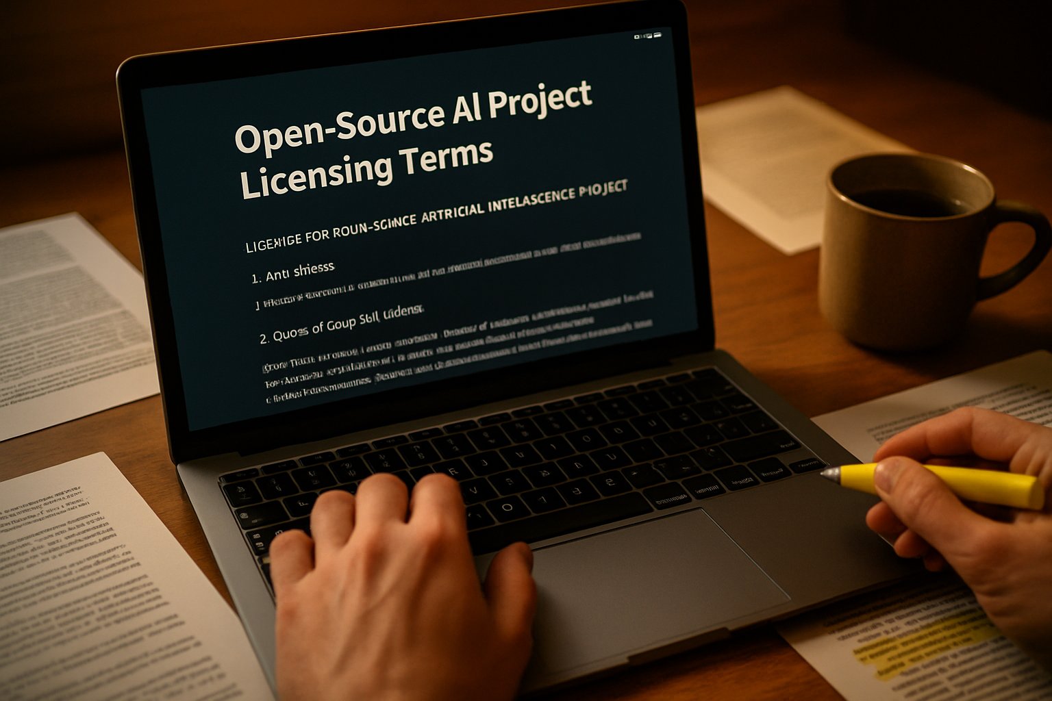 Open Source AI licensing terms on computer with printed documents and coffee.