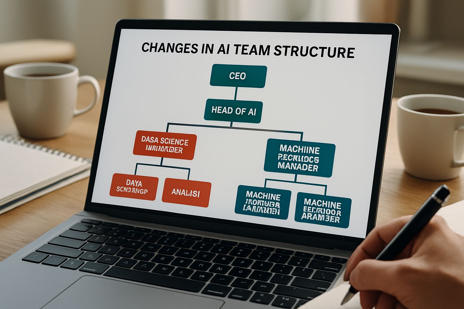 Internal AI Reorganization flowchart displayed on a laptop in a corporate setting.