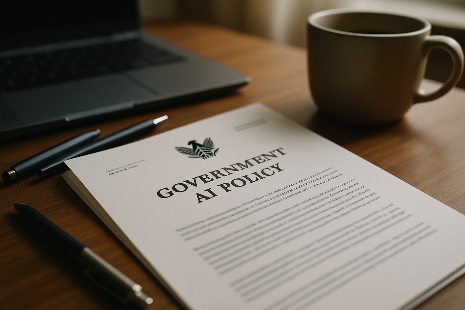 Official document highlighting Government AI Policy on a desk.