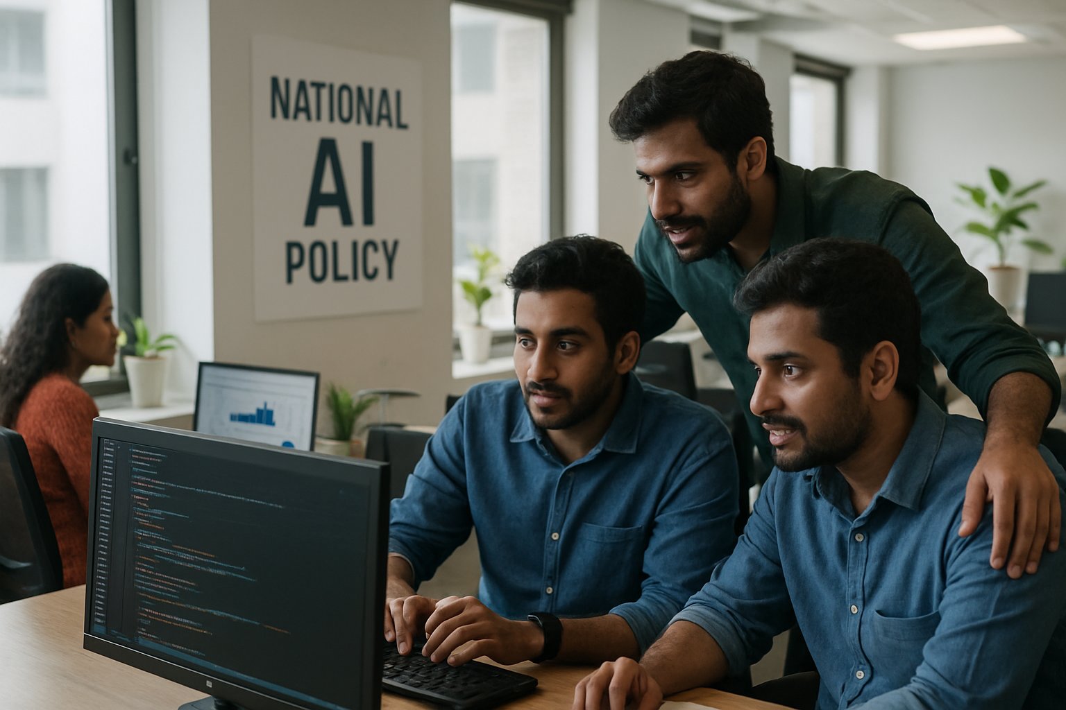 Indian tech professionals working under National AI Policy regulation in an office.