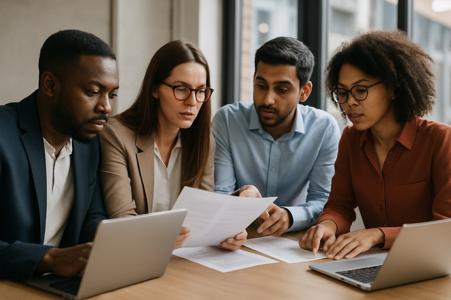 Professionals discussing National Policy Framework on AI in meeting room.