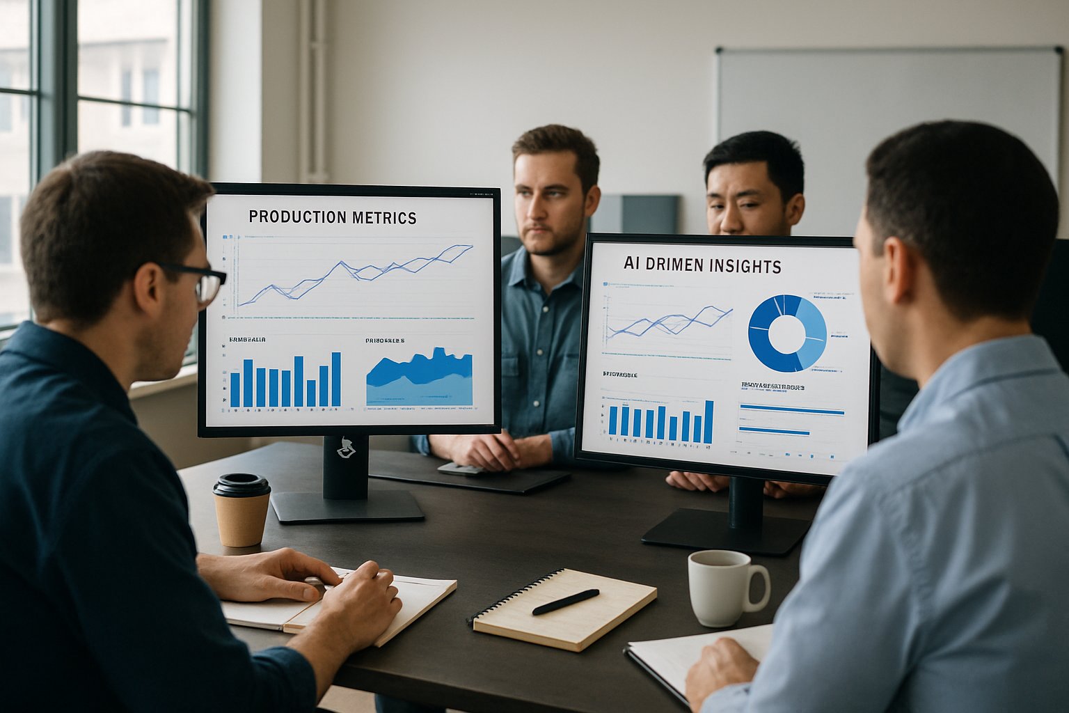 AI Manufacturing engineers reviewing analytics and performance data in a realistic office setting.