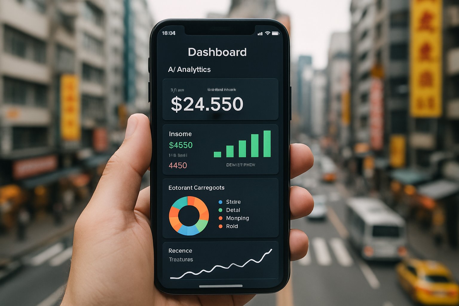 Smartphone displaying AI Finance analytics app with Asian city backdrop.