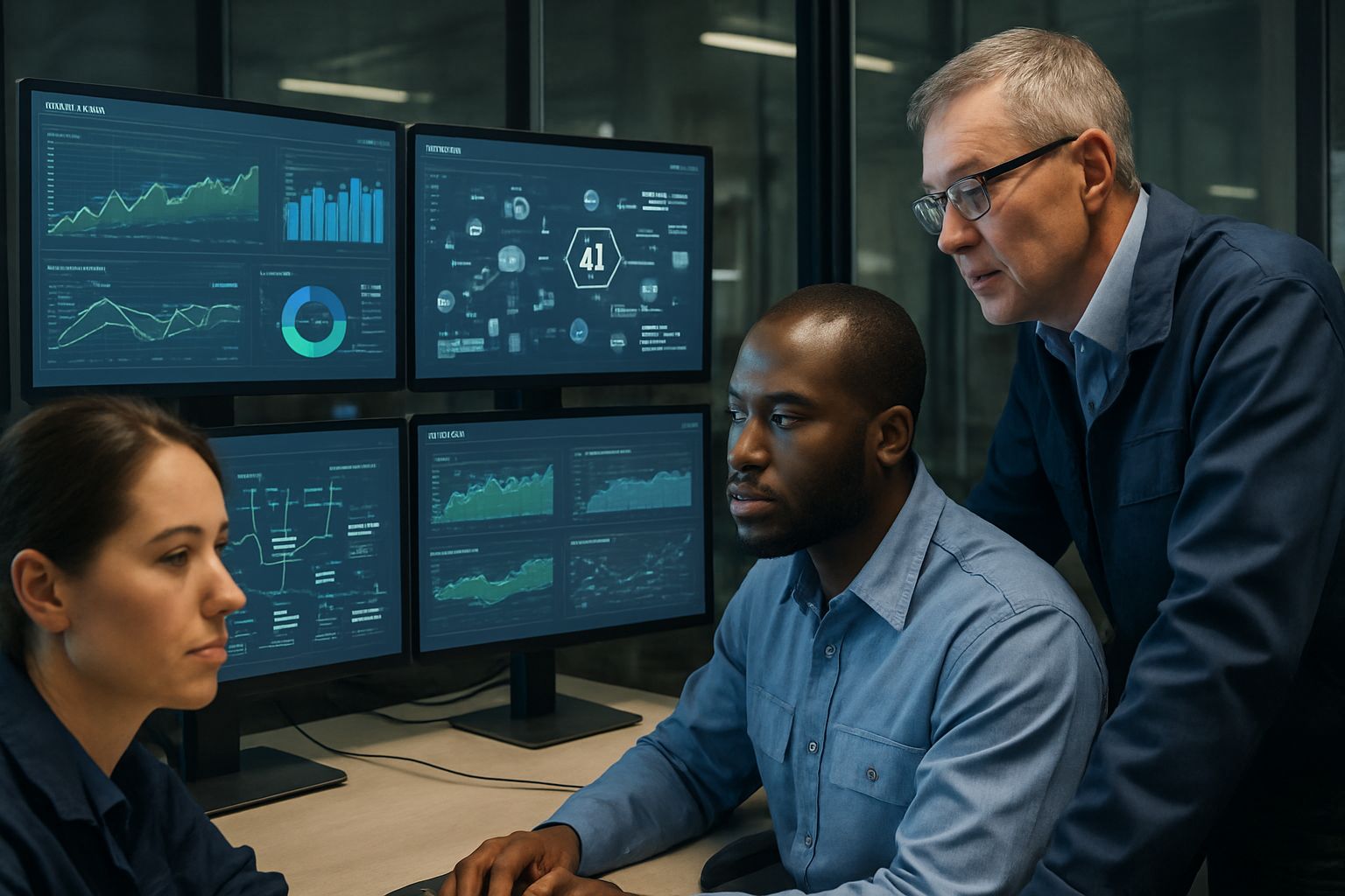 Industrial professionals analyzing data on AI dashboards for Industrial AI Adoption.