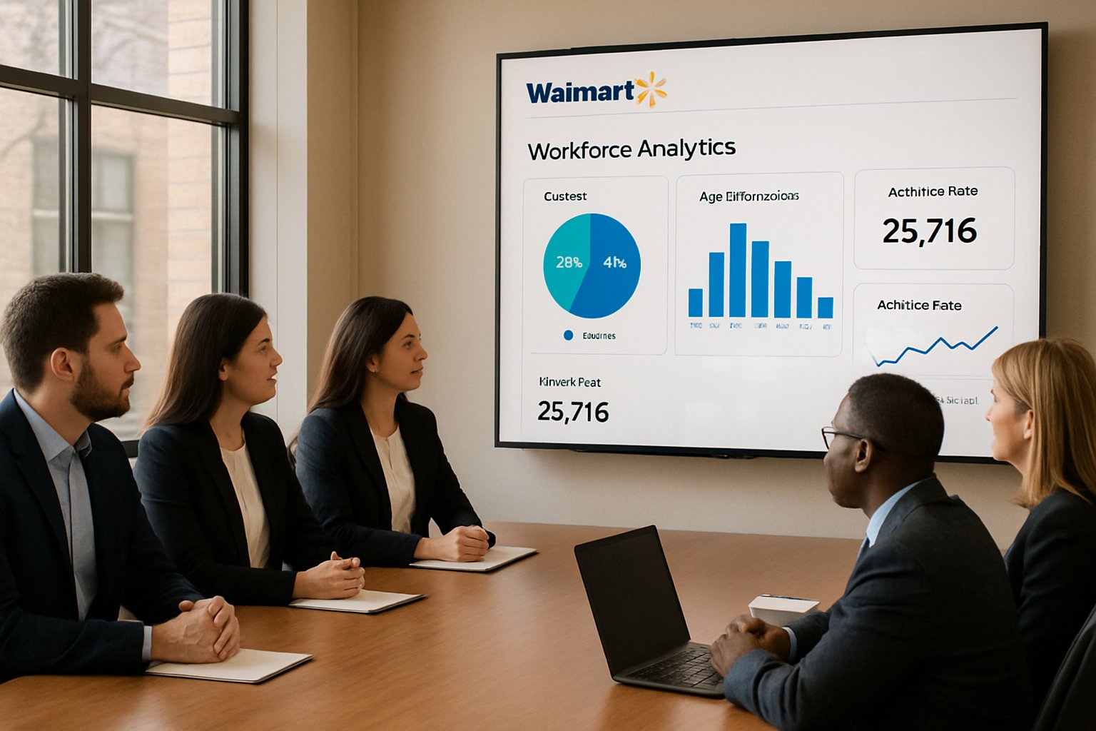 Walmart leaders using Enterprise AI Management workforce analytics dashboard in a conference room.