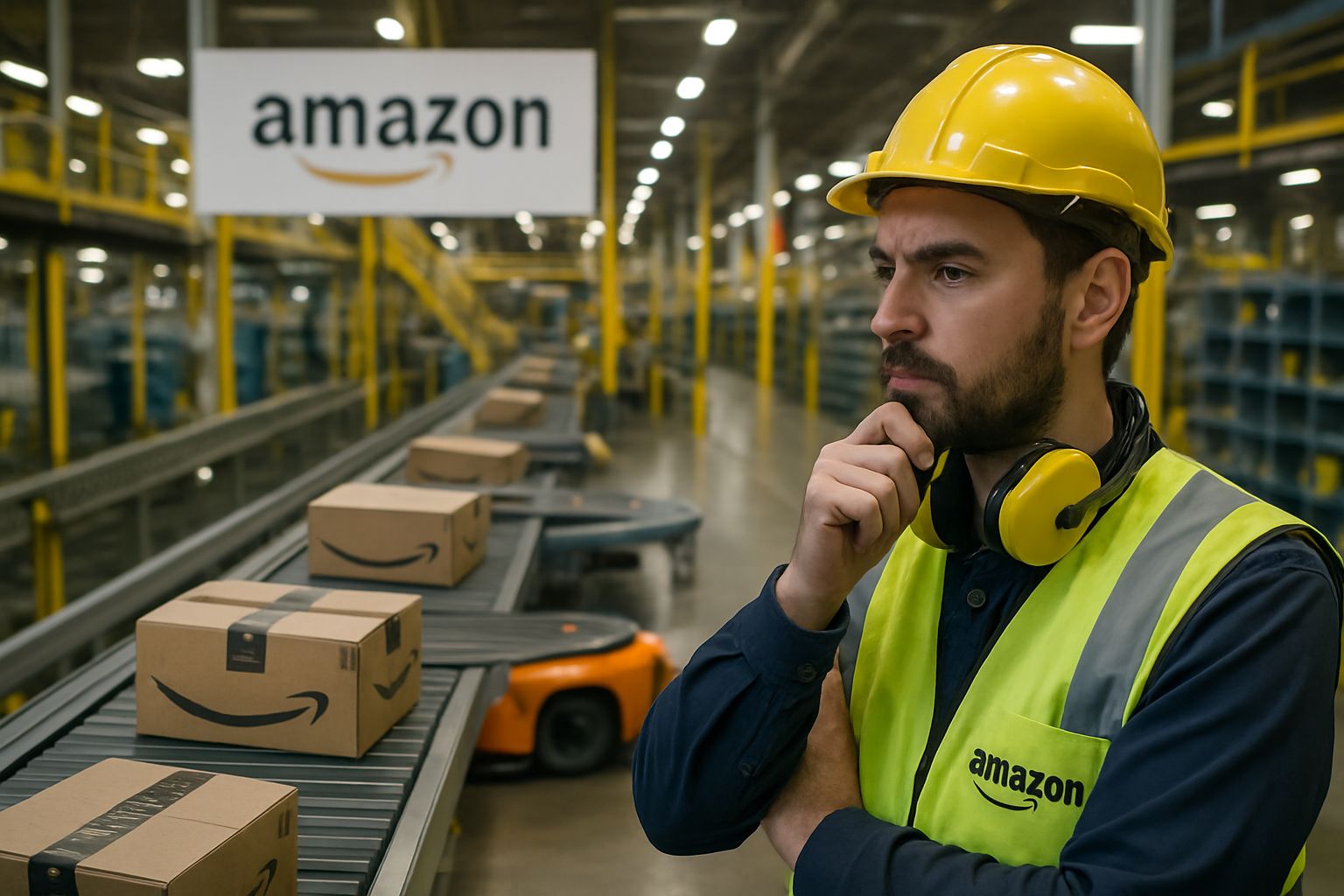 Amazon warehouse worker observes AI Workforce automation and robot systems.