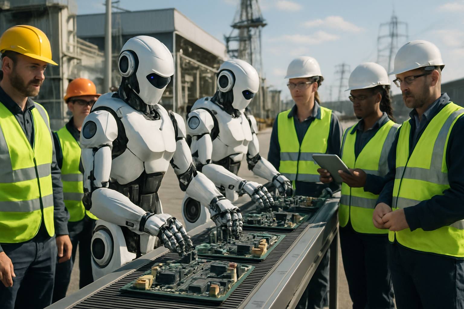 AI Robotics used in industrial assembly line with engineers observing.