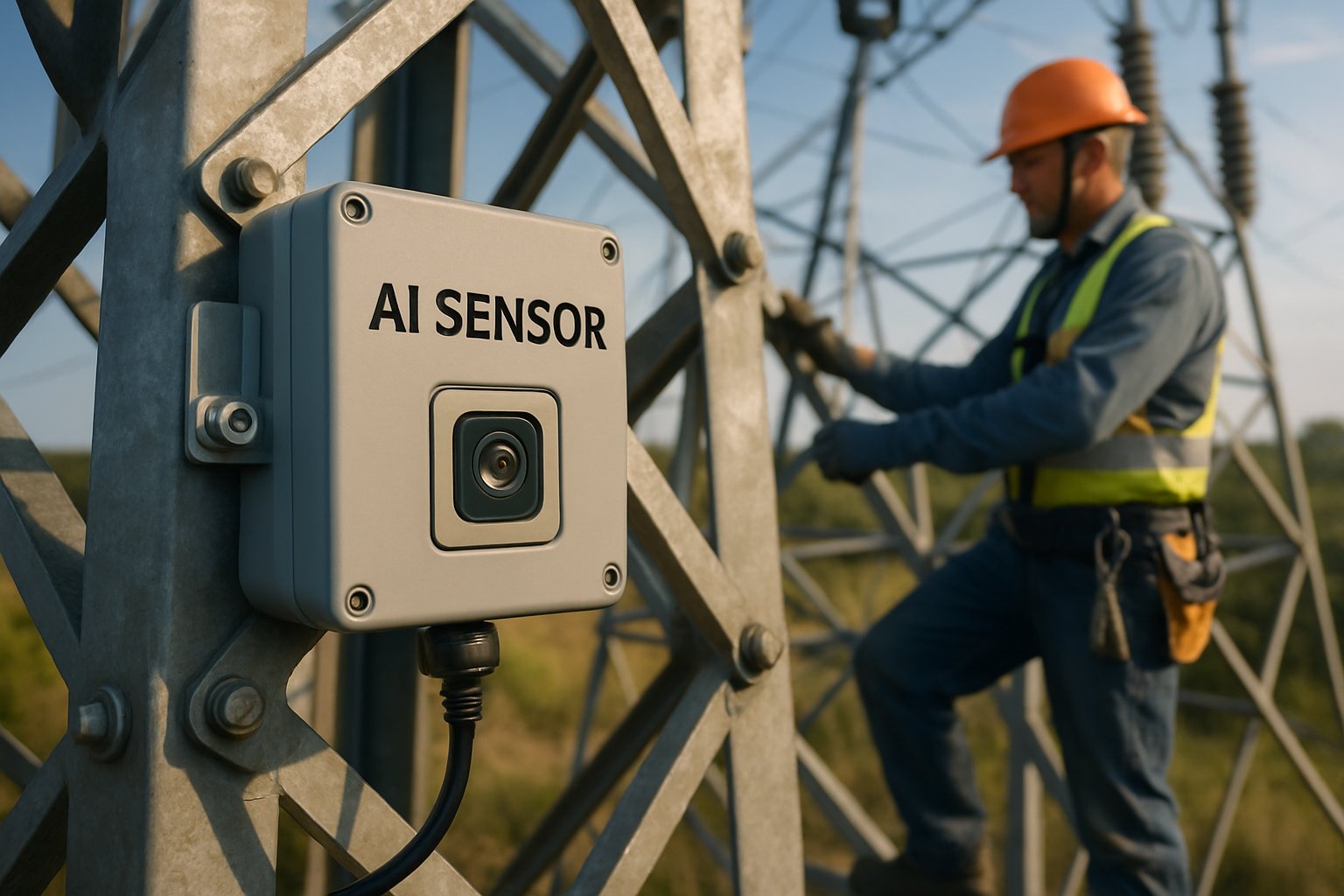 Technician maintaining AI sensor on high-voltage line during the Infrastructure Land Battle.
