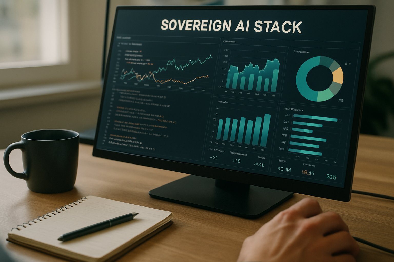 Dashboard of Sovereign AI Stack with analytics and code on a developer's computer screen.