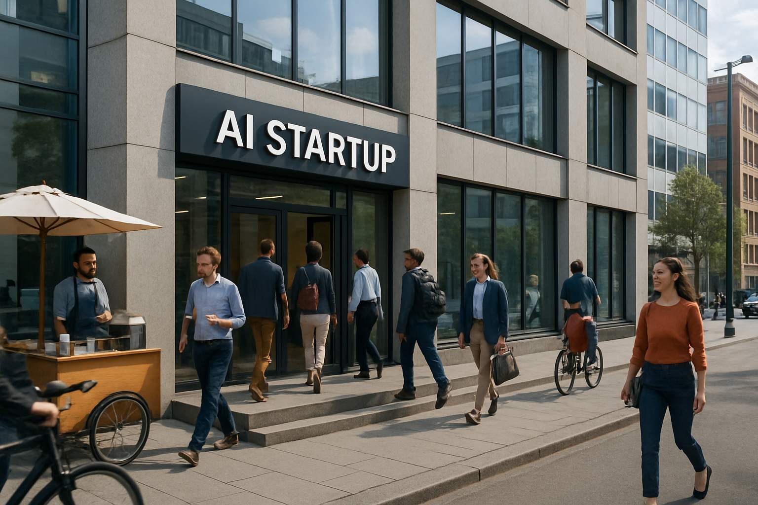 Exterior view of AI Startups office in bustling city.