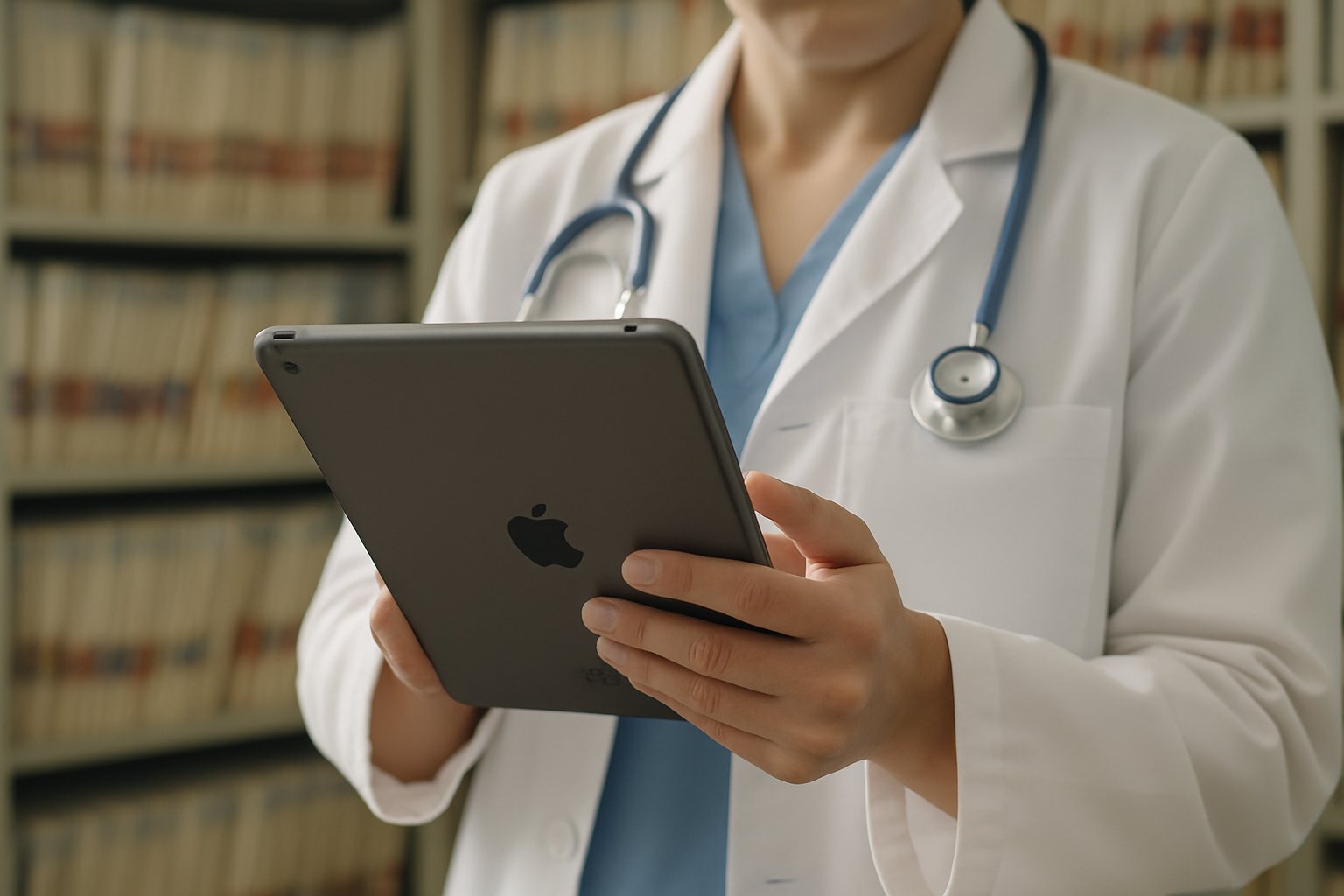 Medical professional utilizing AI Healthcare system for electronic paperwork and patient data.