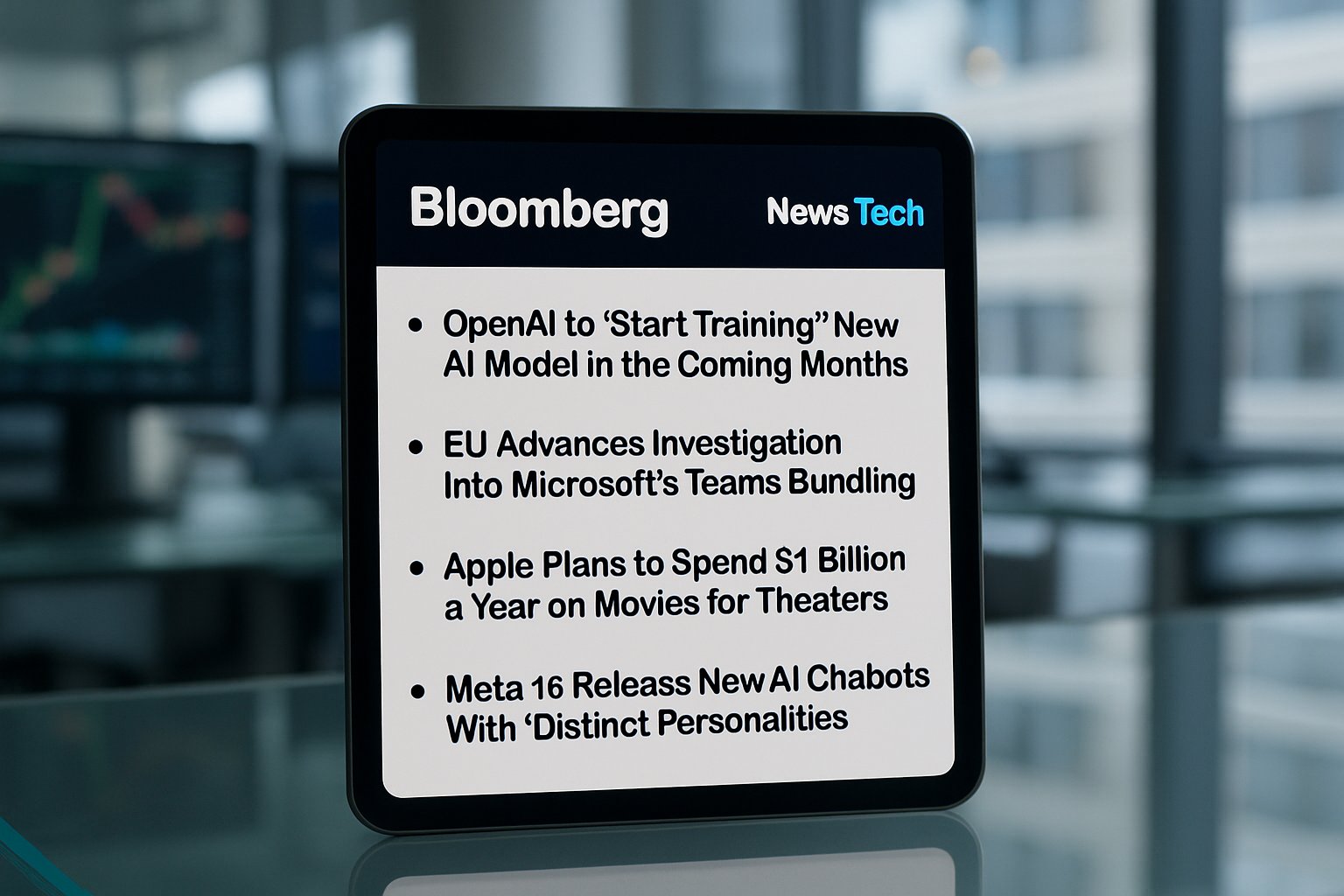 Digital tablet showing News Tech AI summaries in financial setting.
