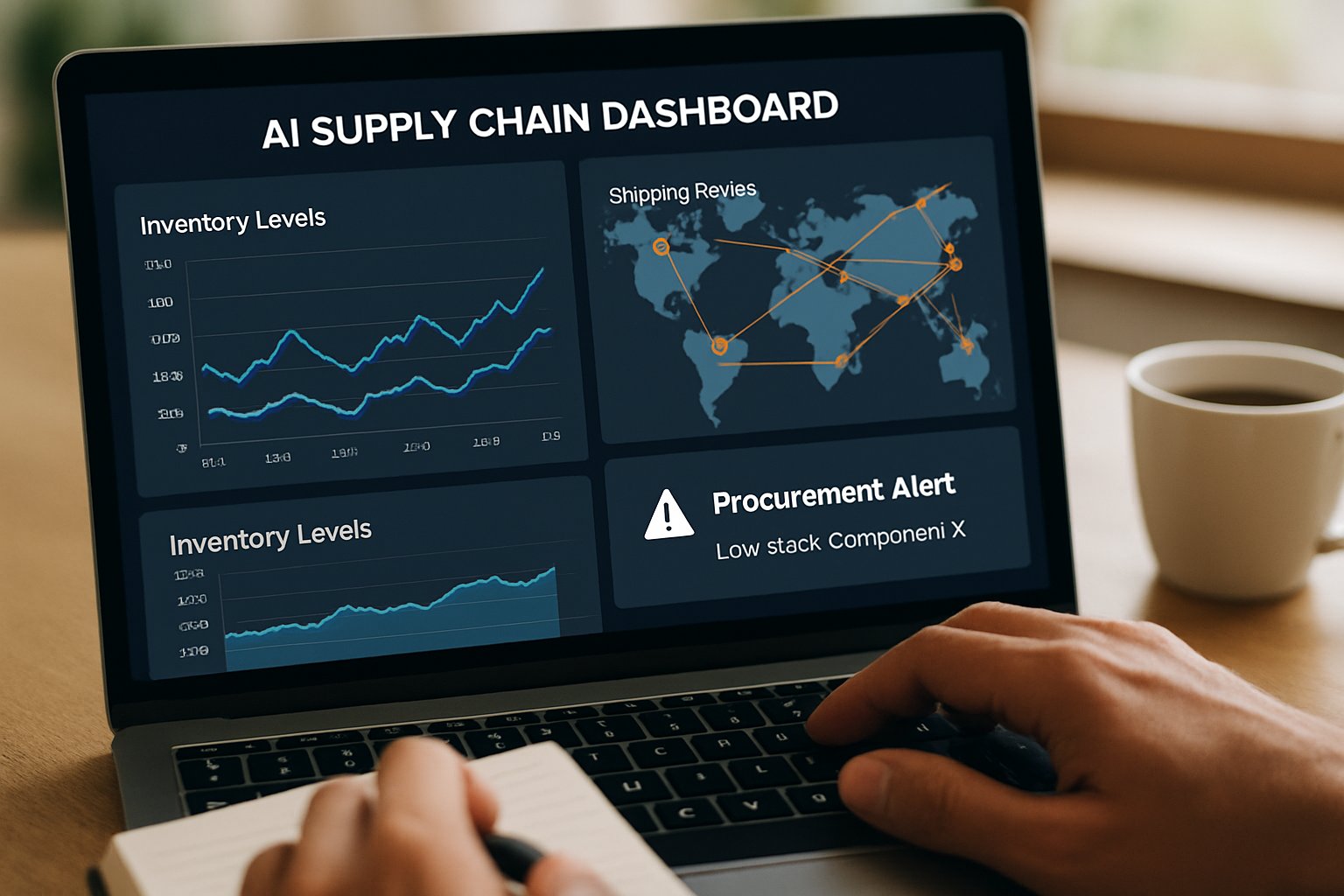 Computer screen with AI Supply Chain dashboard and procurement analytics in use.