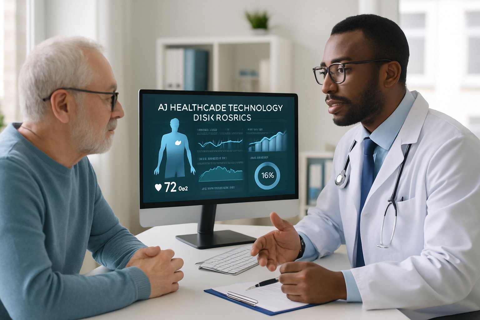 Doctor and patient reviewing AI Healthcare Technology digital diagnostics in a clinic.