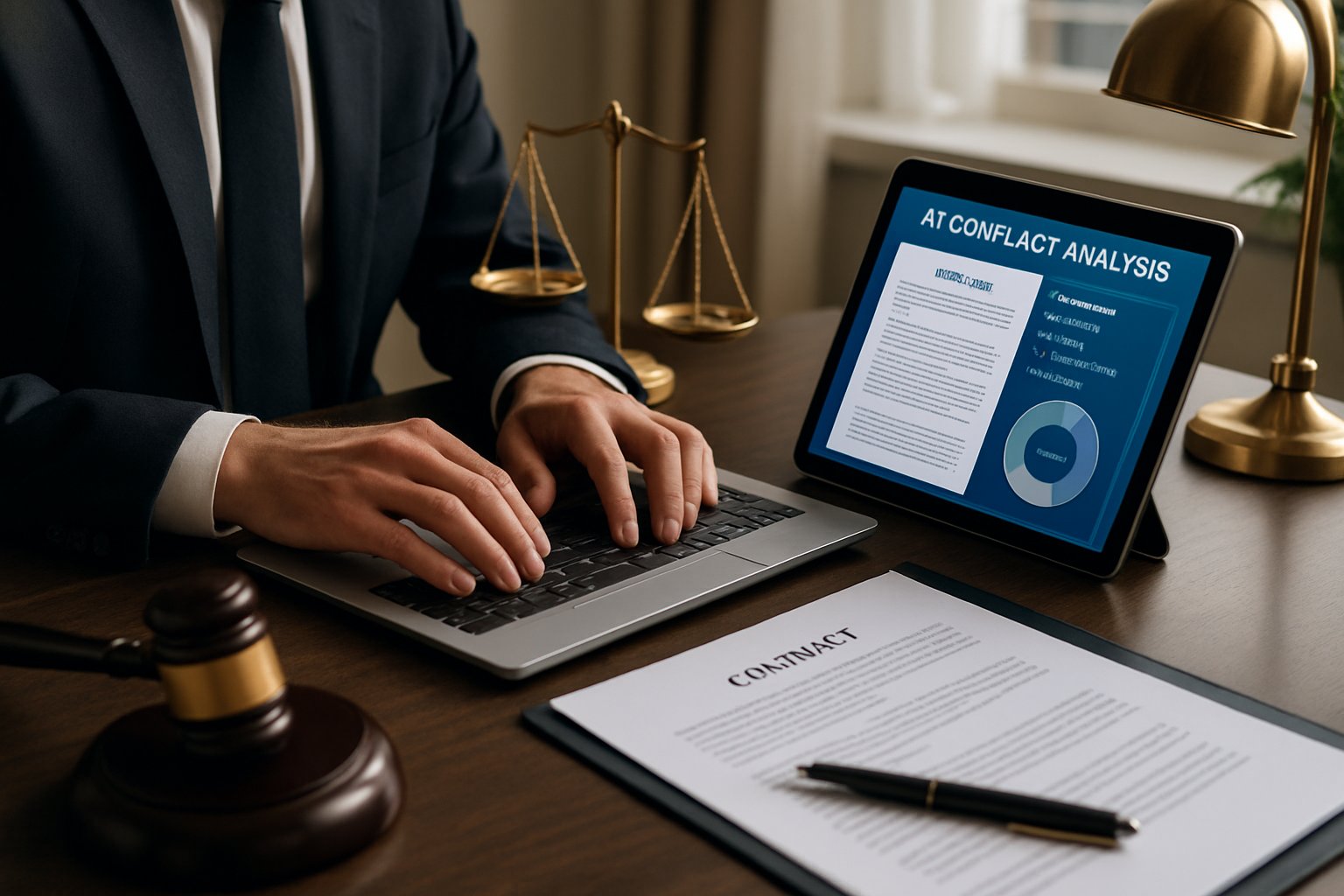 Lawyer reviewing AI Legal Strategy contracts using real-world technology.