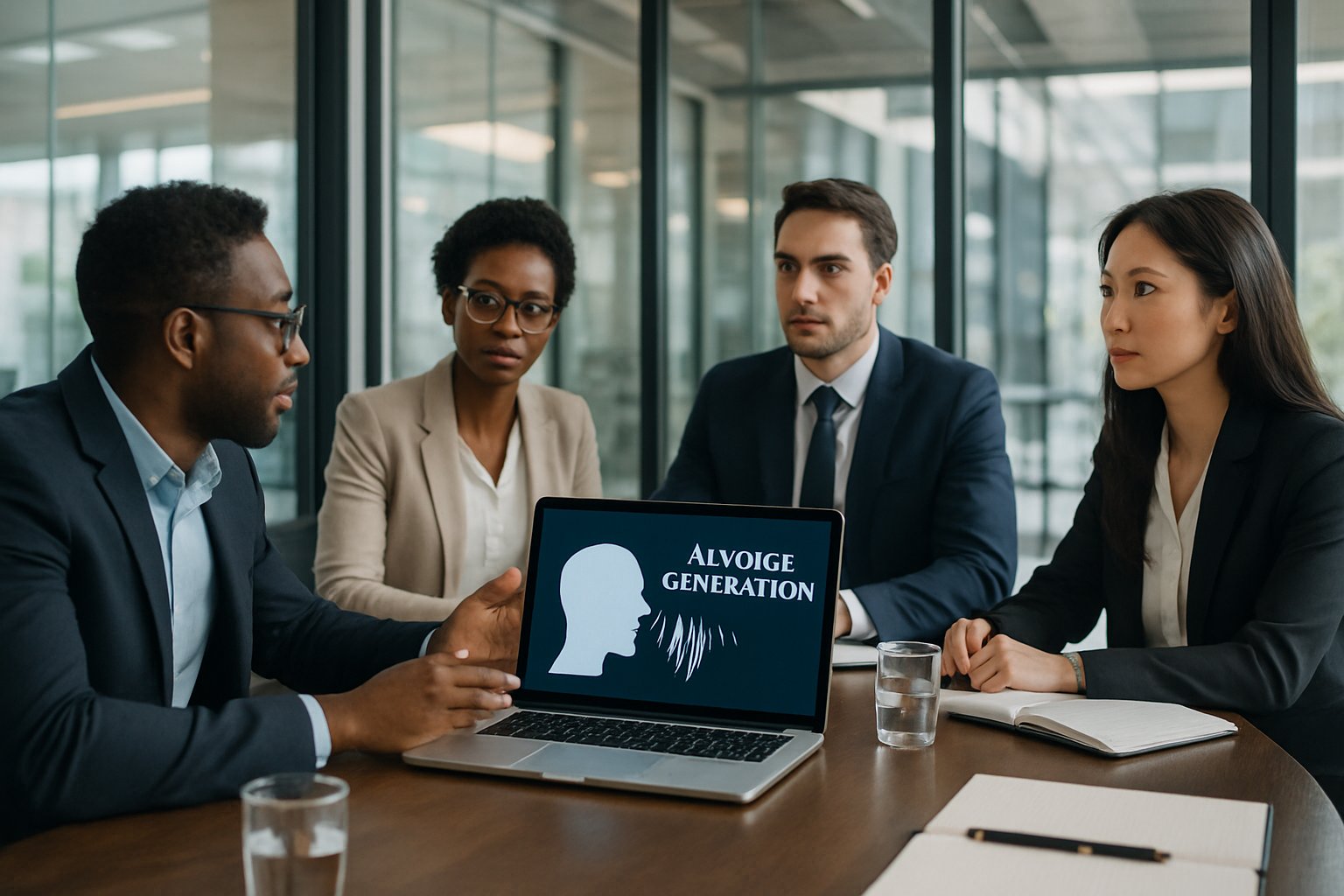 Enterprise team reviewing AI Voice Generation software during a business meeting.